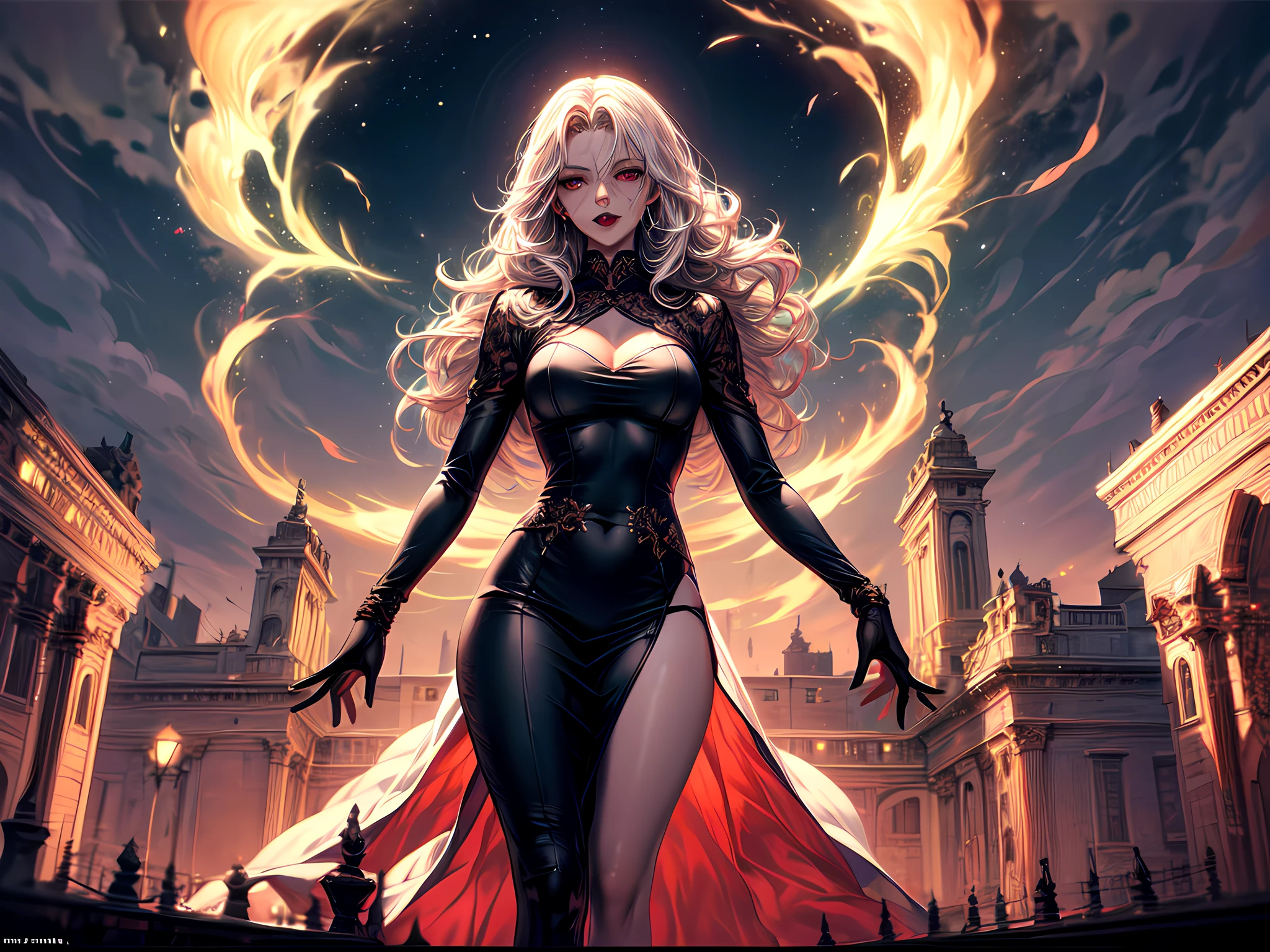 fantasy art, RPG art, photograph, RAW, (Ultra detailed: 1.5), Best Detailed, picture of a female vampire standing in St. Peter in the Vatican, an exquisute beautiful female vampire, full body, (best detailed face: 1.2), (grey skin: 1.2), red lips, (vampiric fangs1:1) (blood veins visible: 1.3), ultra feminie, blond hair, long hair, rich, flowing hair,wavy hair, red glowing eyes, wearing short dress, silk dress, intricate detaled dress, high heels, standing in St. Peter square in Vatican city, at night, full moon, stars in the sky, St. Peter square background, best quality, (extremely detailed), ultra wide shot, photorealism, depth of field, hyper realistic, 2.5 rendering,