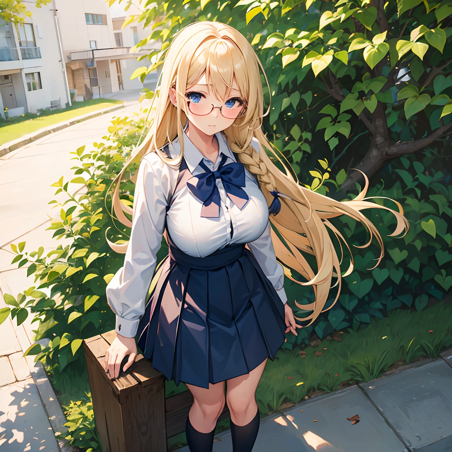 Blonde, single braid hair, blazzer, (big tits), solo, blush face, blue eyes, school uniform, long skirt, round glasses, standing pose, at school garden, sitting on branch, calm face