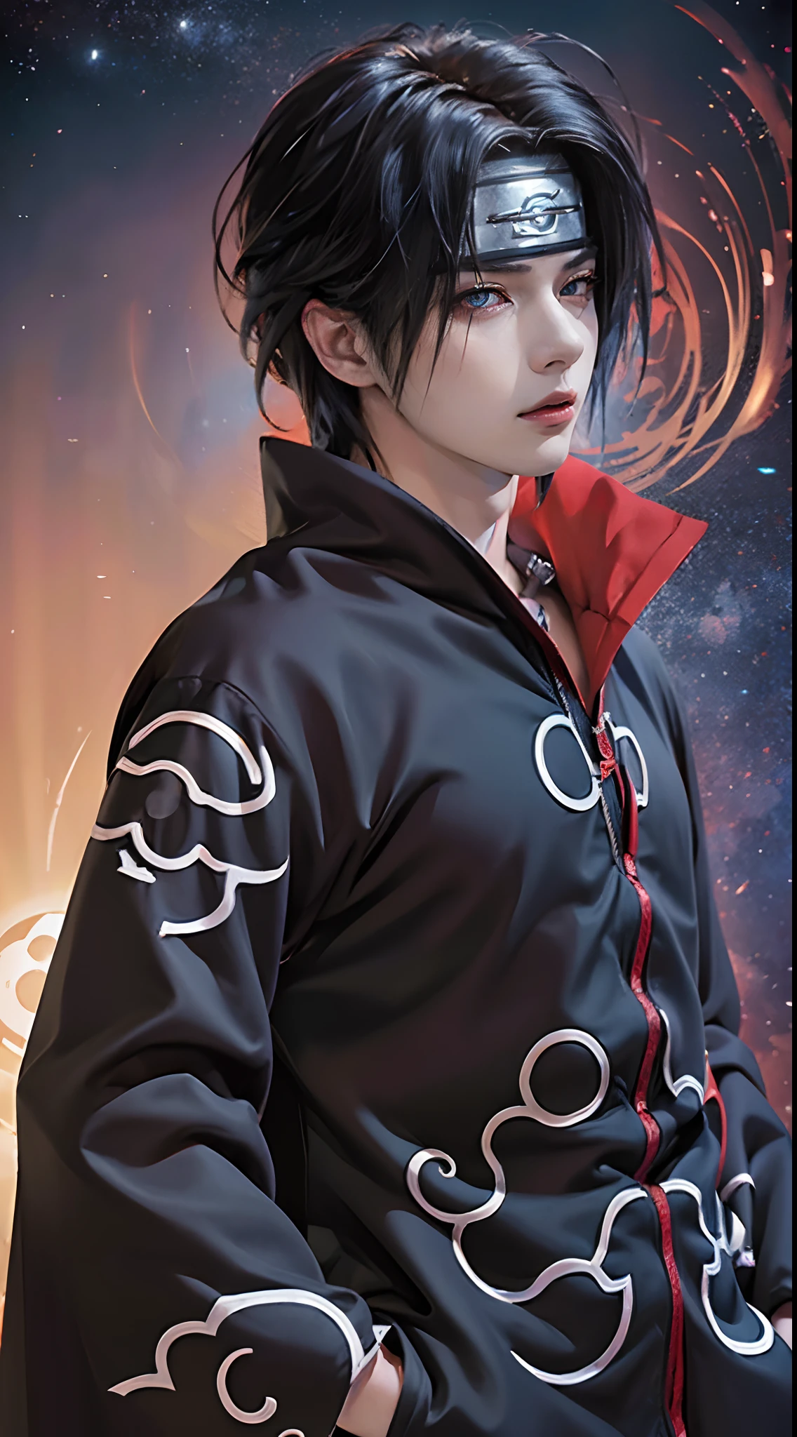 ((4K works))、masterpiece、(top-quality)、((high-level image quality))、((One Manly Boy))、Slim body、((Date Cosplay))、((Uchiha Itachi))、((Cosplay))、(Detailed beautiful eyes)、((Smaller face))、((Neutral face))、((18year old))、((Handsome man))、((photo of a model))、((Like a celebrity))、Professional Photos、((cosplay foto))、((Shot alone))、((shot from a side angle))、((Naruto's Akatsuki Costume))、((Shinobi Pose))