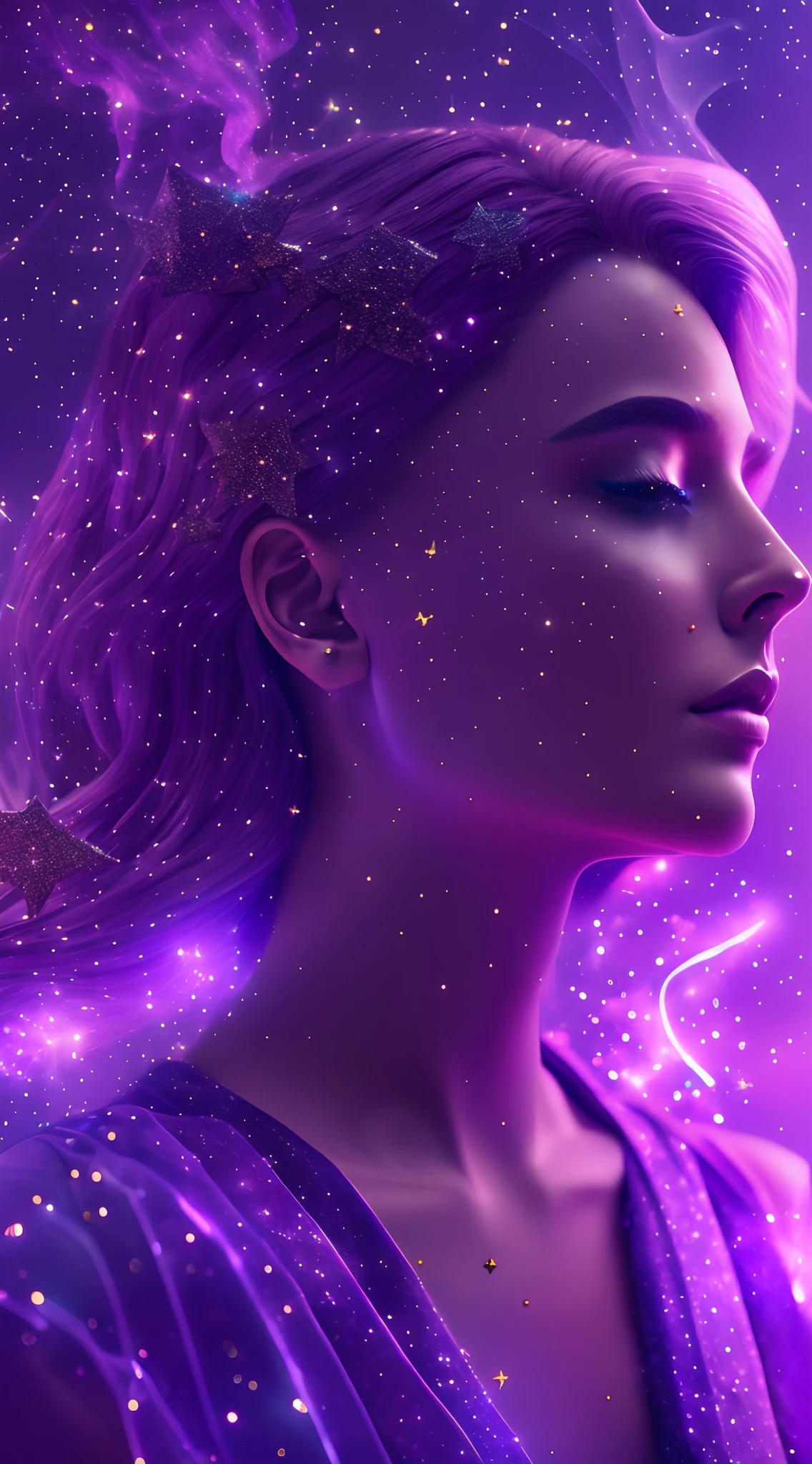 galaxias, space, Starcloud, stars, glitters, Smoke, (Girl shape), intricately details, rendering by octane, Ultra photo realsisim , rendering by octane, 8K, uplit ,Purple dream art