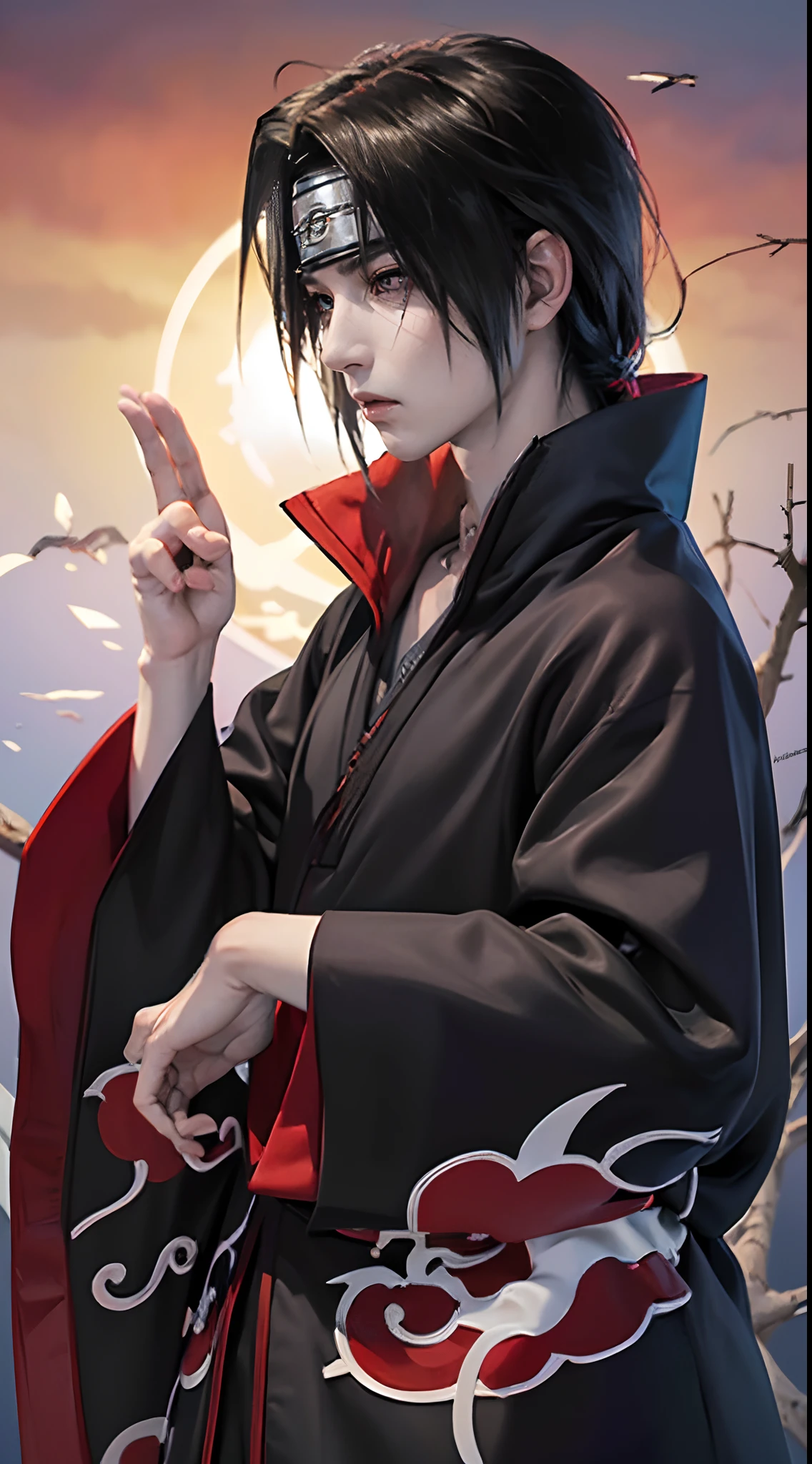 ((4K works))、​masterpiece、（top-quality)、((high-level image quality))、((One Manly Boy))、Slim body、((Date Cosplay))、((Uchiha Itachi))、((Cosplay))、(Detailed beautiful eyes)、((Smaller face))、((Neutral face))、((18year old))、((Handsome man))、((photo of a model))、((Like a celebrity))、Professional Photos、((cosplay foto))、((Shot alone))、((shot from a side angle))、((Naruto's Akatsuki Costume))、((Shinobi Pose))