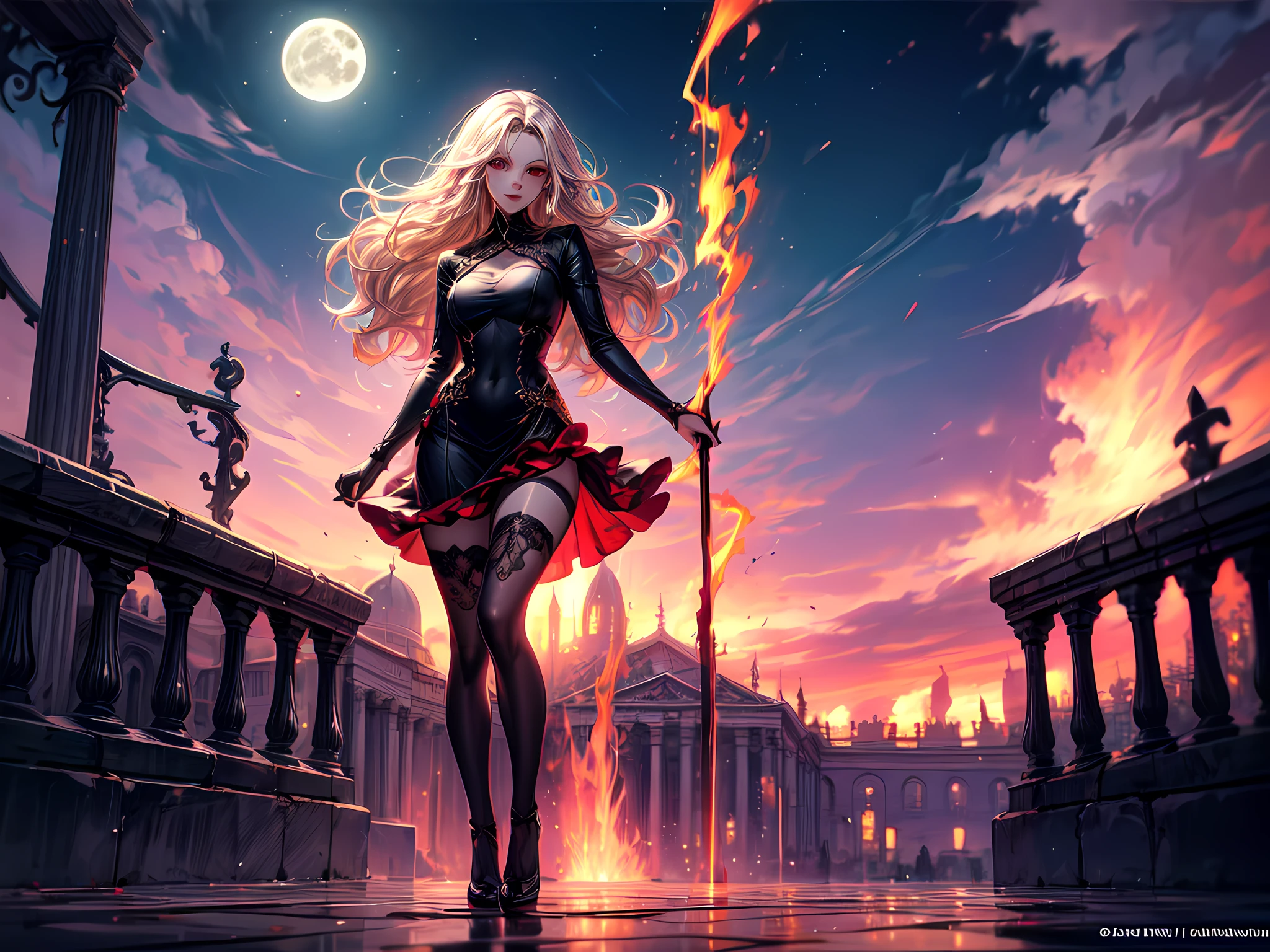 fantasy art, RPG art, photograph, RAW, (Ultra detailed: 1.5), Best Detailed, picture of a female vampire standing in St. Peter in the Vatican, an exquisute beautiful female vampire, full body, (best detailed face: 1.2), (grey skin: 1.2), red lips, (vampiric fangs1:1) (blood veins visible: 1.3), ultra feminie, blond hair, long hair, rich, flowing hair,wavy hair, red glowing eyes, wearing short dress, silk dress, intricate detaled dress, high heels, standing in St. Peter square in Vatican city, at night, full moon, stars in the sky, St. Peter square background, best quality, (extremely detailed), ultra wide shot, photorealism, depth of field, hyper realistic, 2.5 rendering,