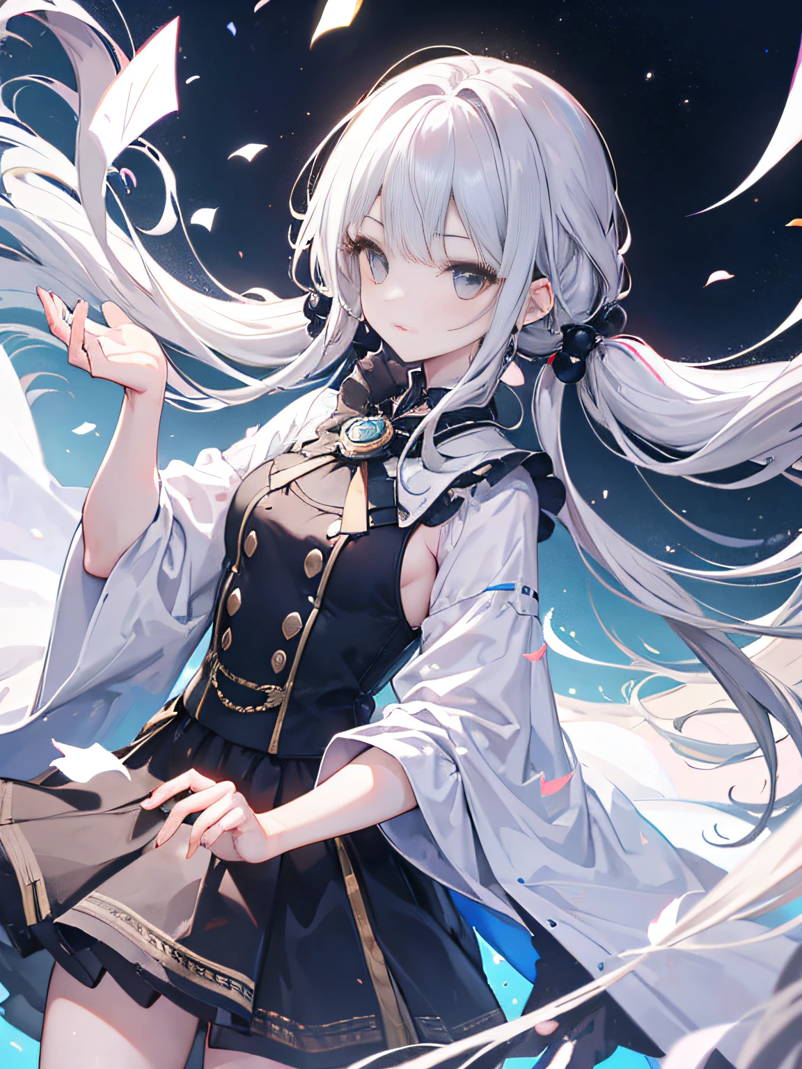 CG Unity 8K wallpapers with the best image quality and super detail、tmasterpiece),floating、hight resolution、dynamic angle、Dynamic Pose、younggirl、Silvery hair(1.3)、grey colored eyes、Morbidly cute, robe, skirt, ager, long hair, twin tail, outdoor