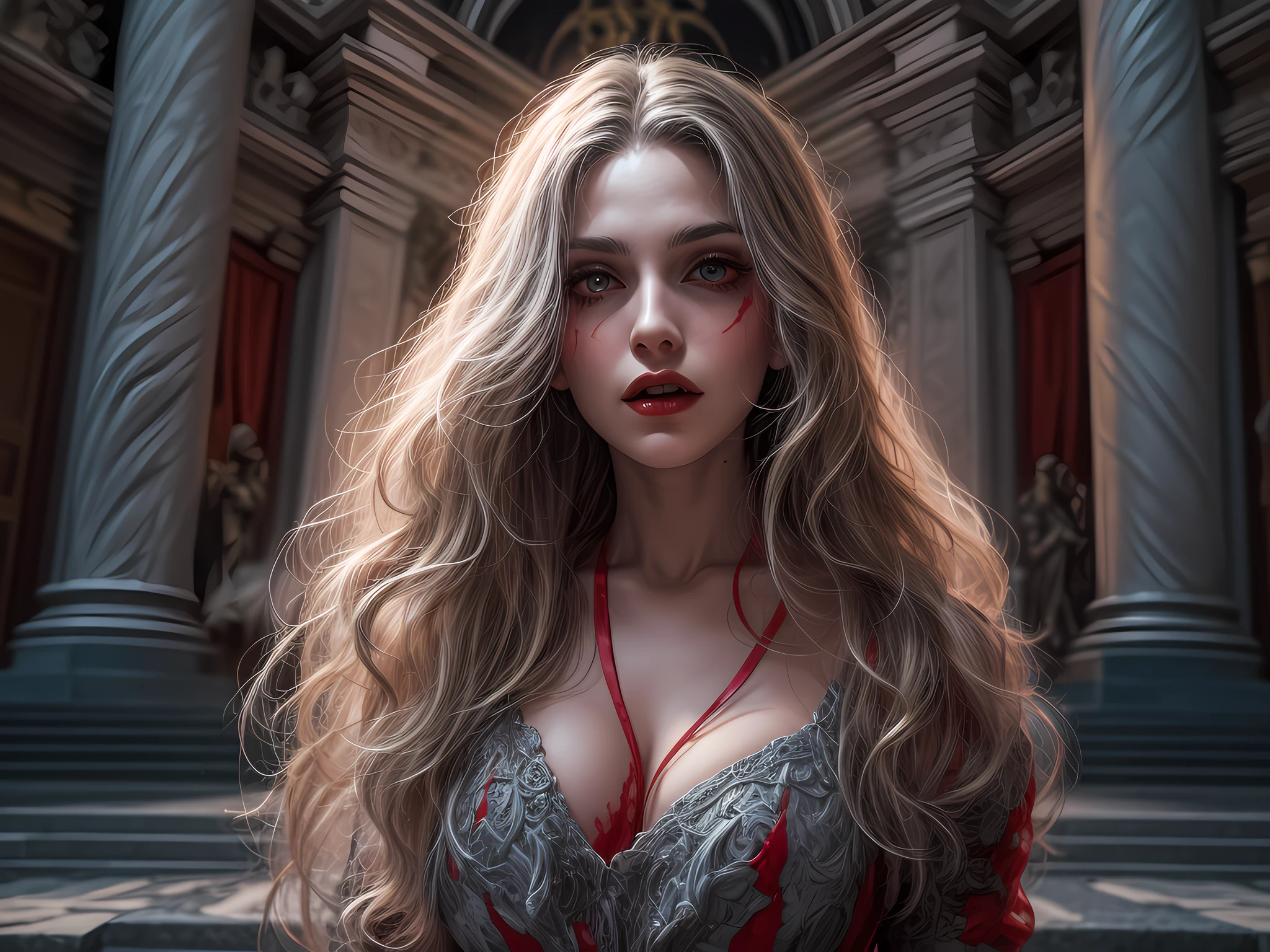 fantasy art, RPG art, photograph, RAW, (Ultra detailed: 1.5), Best Detailed, picture of a female vampire standing in St. Peter in the Vatican, an exquisute beautiful female vampire, full body, (best detailed face: 1.2), (grey skin: 1.2), red lips, (vampiric fangs1:1) (blood veins visible: 1.3), ultra feminie, blond hair, long hair, rich, flowing hair,wavy hair, red glowing eyes, wearing short dress, silk dress, intricate detaled dress, high heels, standing in St. Peter square in Vatican city, at night, full moon, stars in the sky, St. Peter square background, best quality, (extremely detailed), ultra wide shot, photorealism, depth of field, hyper realistic, 2.5 rendering,