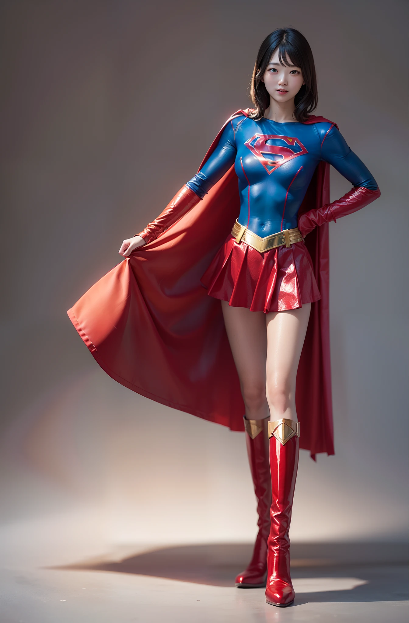 Be sure to wear black tights、(((Make the most of the original image)))、(((Supergirl Costume)))、(((shiny short hair)))、(((Suffering)))、(((Feet must necessarily be worn with black tights)))、(((Smile)))、(((You need to wear red boots)))、((Top image quality、8K))、((top-quality、8K、masterpiece:1.3))、(((Keep your background simple)))、Crisp focus:1.2、Beautiful woman with perfect body shape:1.4、Slender Abs:1.2、a wet body:1.5、Highly detailed facial and skin texture、