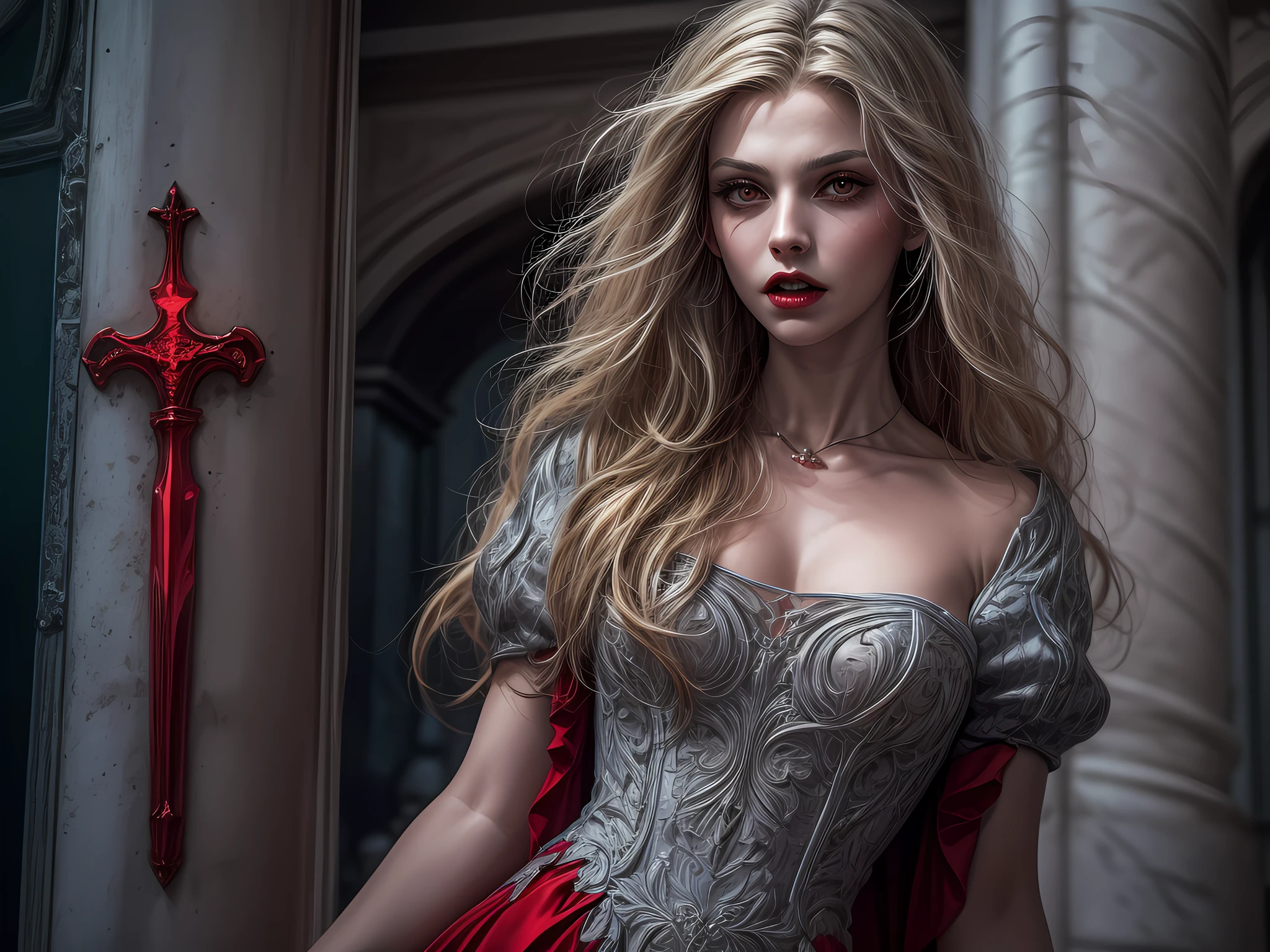 fantasy art, RPG art, photograph, RAW, (Ultra detailed: 1.5), Best Detailed, picture of a female vampire standing in St. Peter in the Vatican, an exquisute beautiful female vampire, full body, (best detailed face: 1.2), (grey skin: 1.2), red lips, (vampiric fangs1:1) (blood veins visible: 1.3), ultra feminie, blond hair, long hair, rich, flowing hair,wavy hair, red glowing eyes, wearing short dress, silk dress, intricate detaled dress, high heels, standing in St. Peter square in Vatican city, at night, full moon, stars in the sky, St. Peter square background, best quality, (extremely detailed), ultra wide shot, photorealism, depth of field, hyper realistic, 2.5 rendering,