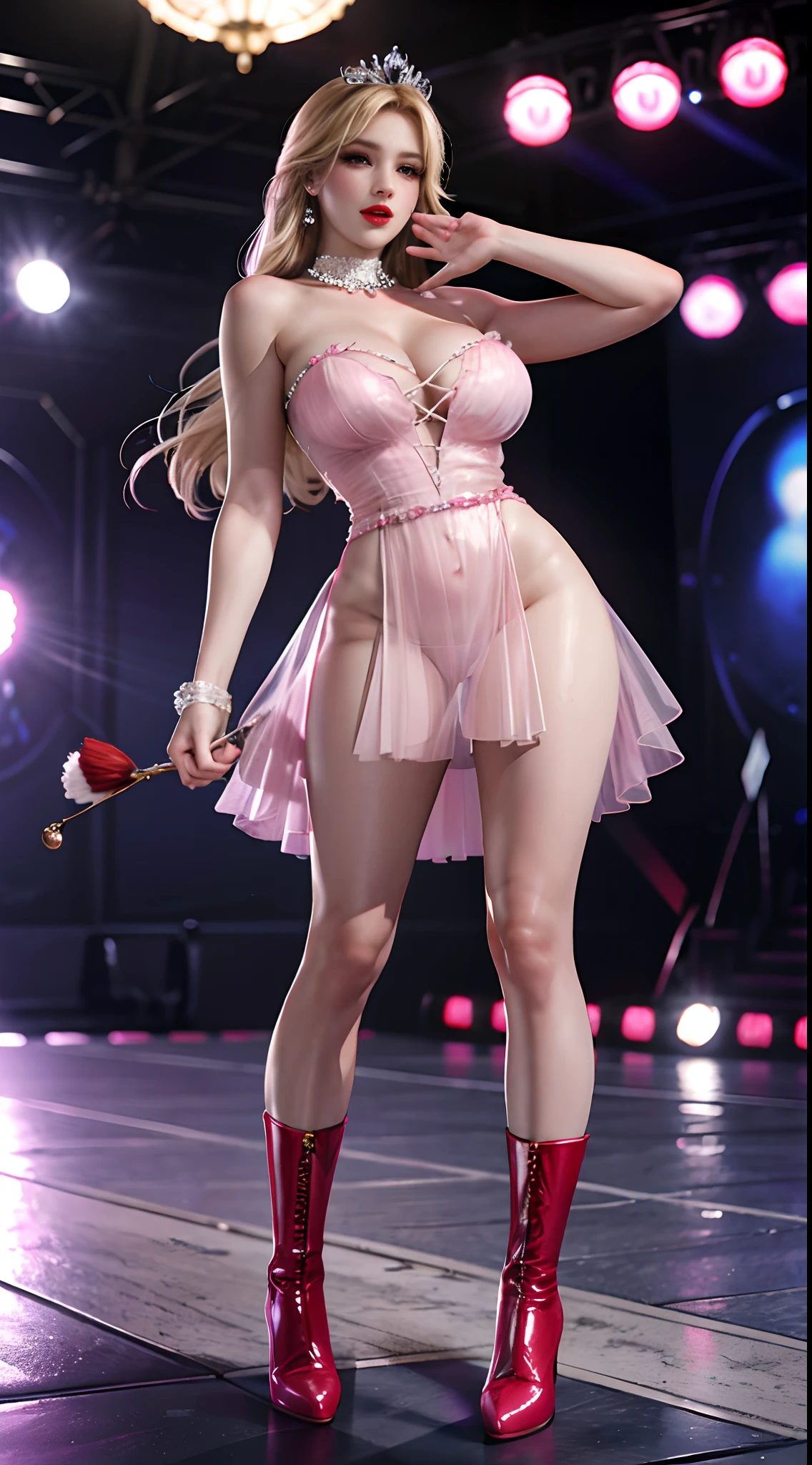 Blonde hair with tiara,Ultra realistic 8K, flawless,(Red Lip,Heavy makeup), Big breasts:1.0,Earring、singing on the stage runway、Nikon Z 85mm, ((Best Quality)) ,((masterpiece)), intricate detailes,Photorealistic、Extremely delicate and beautiful, ((Pink Sexy dress)):1.0、(strapless red Long boots with high pin heel):1.2、Full body shot:1.2、Sexy smile