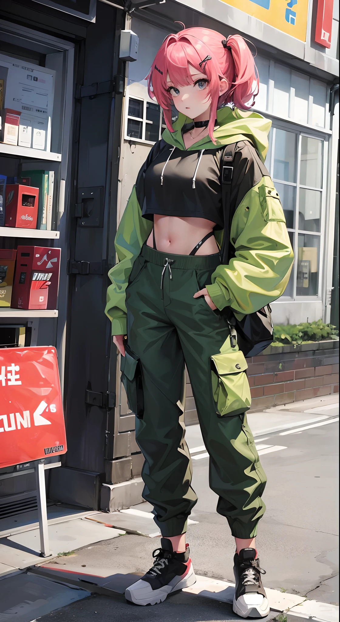 ((best quality)), 1girl, crop hoodie, flower hairclip, cargo pants