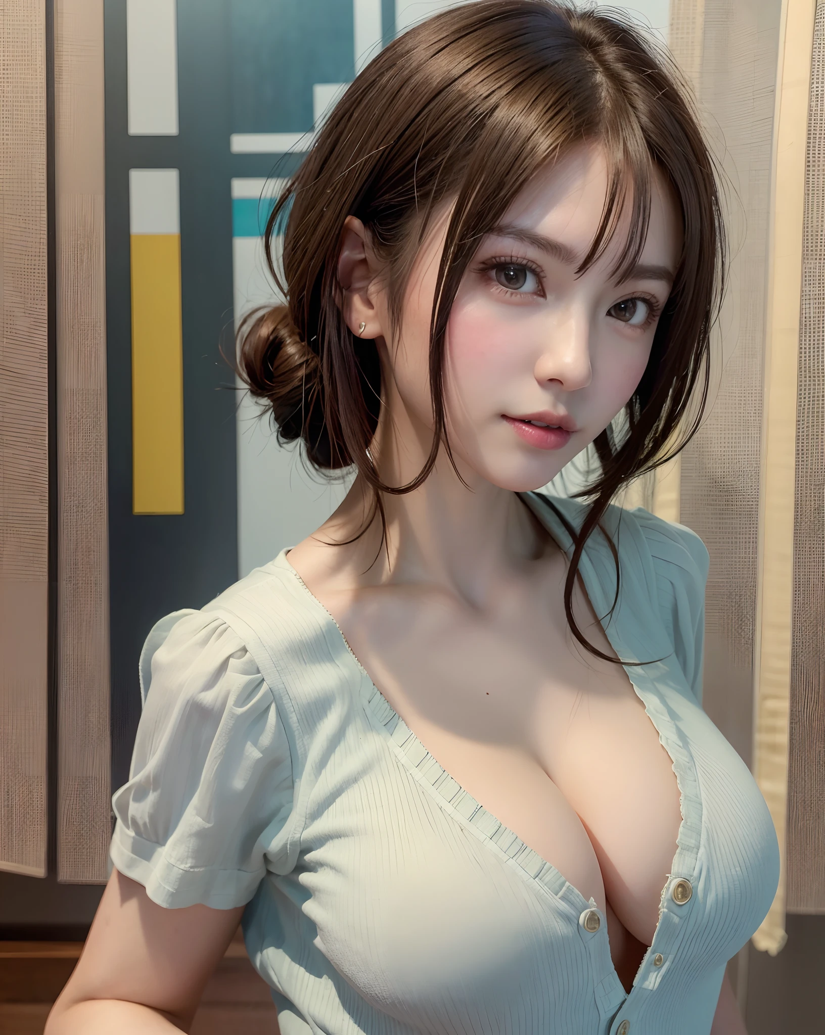 (masterpiece:1.3), (8K, Photorealsitic, Raw photography, Top image quality: 1.4), Japan high school girls、(Random hairstyles:1.2)、cleavage of the breast:1.2、Super Detail Face、Eye of Detail、二重まぶた、Bring your chest together、foco nítido:1.2、prety woman:1.4、light brown hair、top-quality、masterpiece、超A high resolution、(Photorealsitic:1.4)、Highly detailed and professional lighting smile、Men's shirts、Shoulder out、slender、serious facial expression、short-haired、Fatal position、Stick out your tongue、