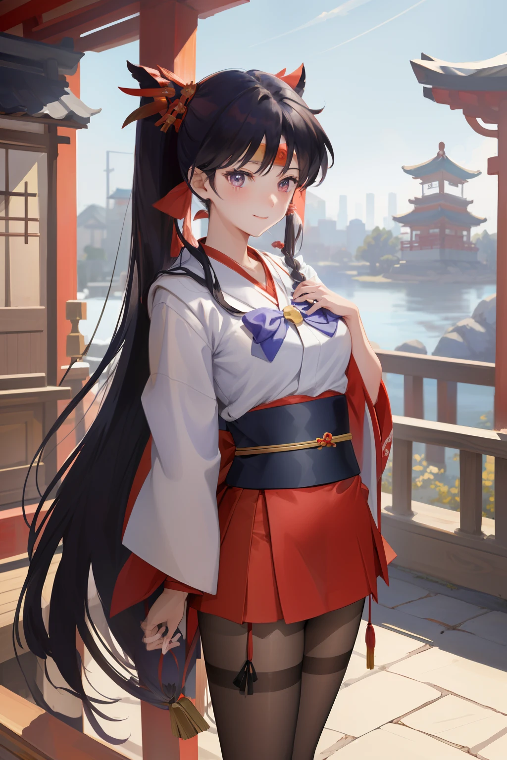 A woman in a red and black outfit standing on a bridge - SeaArt AI