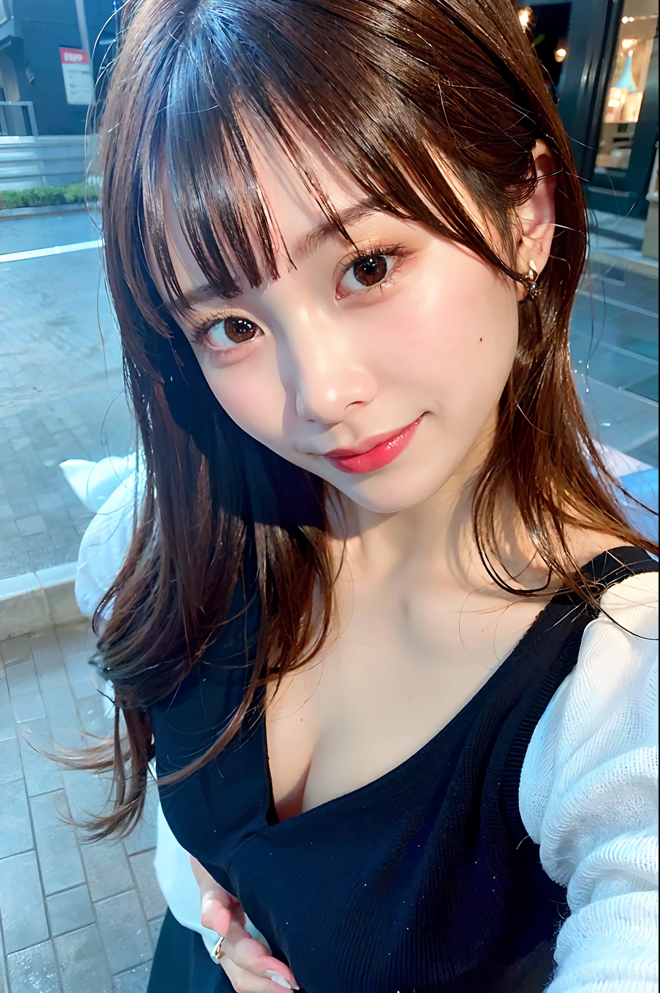 Tabletop, Best quality質, Very detailed, In detail, High resolution, In 8K, Perfect dynamic composition, Beautiful attention to detail, Natural Lip, delicate、Black off-the-shoulder top、Ezvian Everywhere 、plump 、beauty 、Beautiful black hair、Medium Straight Hair、delicateな目、delicateな目元、Best quality、restaurant、blue sky、Recall