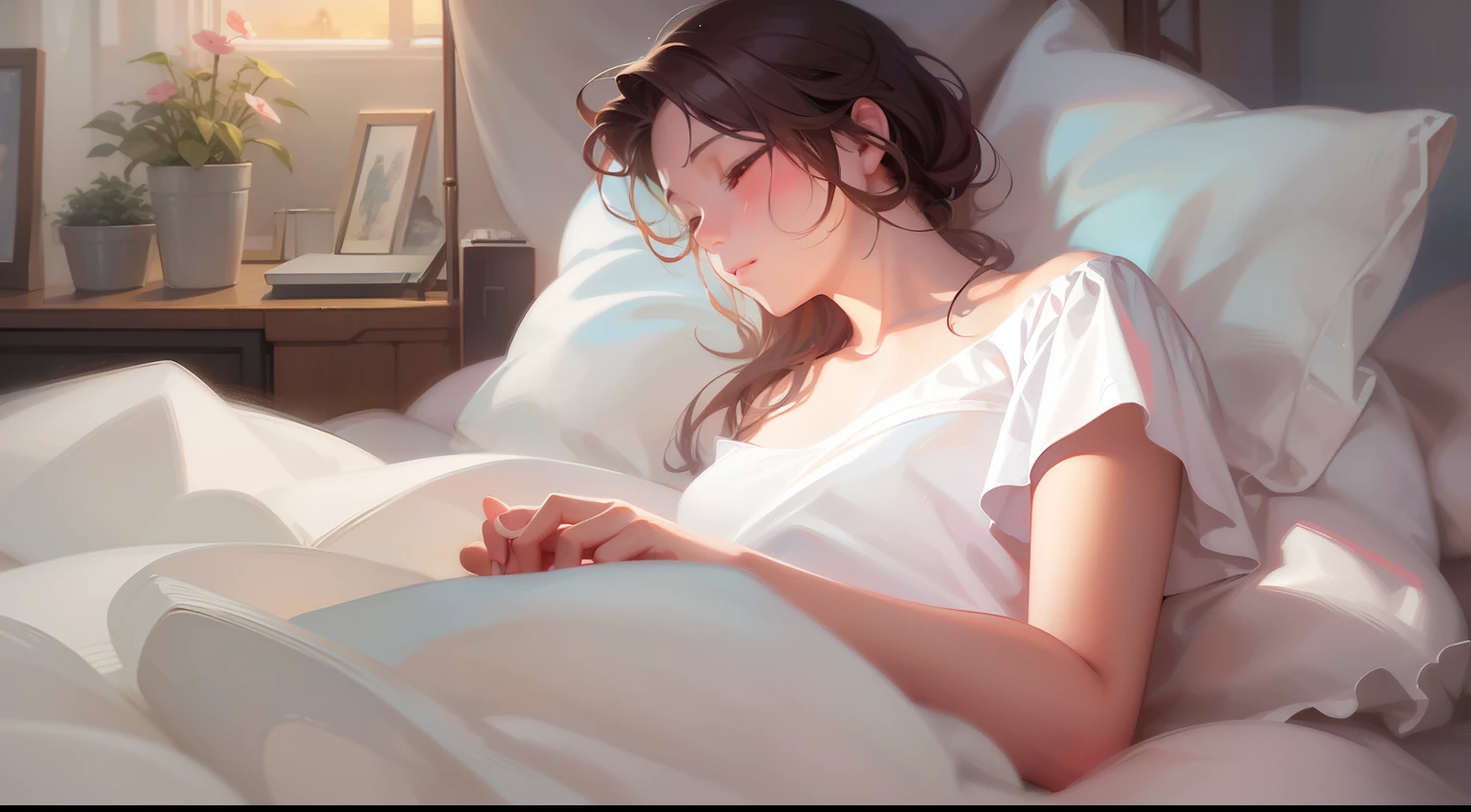 There is a woman sleeping in bed with white sheets, soft digital painting, Soft Illustration, artwork in the style of guweiz, serene illustration, blurry and dreamy illustration, calm night. Digital Illustration, realistic cute girl painting, realistic digital painting, Painted in the painter's studio, realistic illustration, realistic art style, dreamy illustration, Adorable Digital Painting