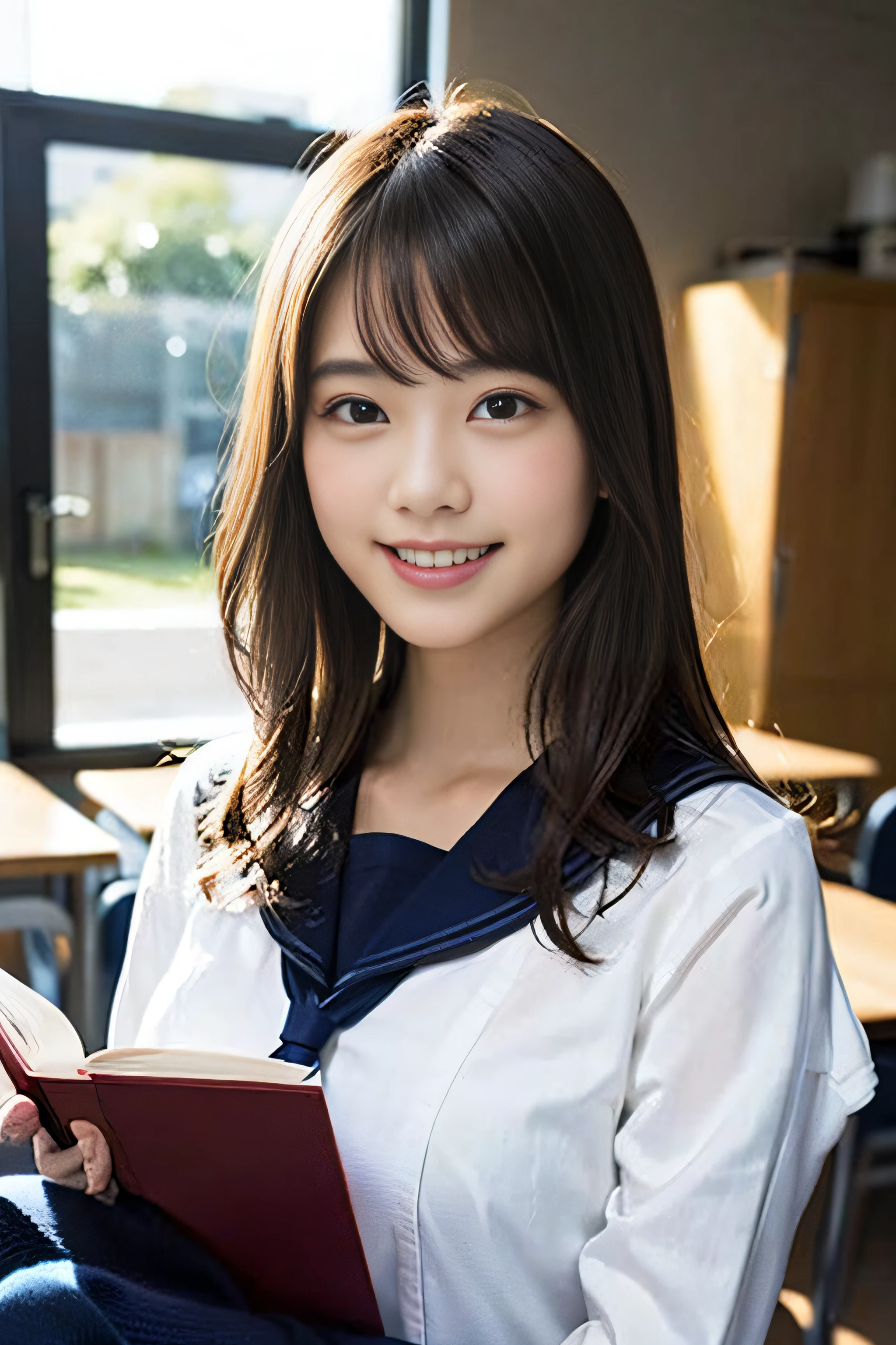(8K、Raw photography、top-quality、masterpiece:1.2)、(realisitic、Photorealsitic:1.37)、ultra-detailliert、超A high resolution、女の子1人、see the beholder、beautifull detailed face、A smile、Constriction、(Slim waist) :1.3)、Beautiful detailed skin、Skin Texture、Floating hair、Professional Lighting、Whole human body、Longhaire、a blond、Book a high school uniform、a sailor suit、Classroom、Bob Hair、E Cup Breast、Dark blue socks、、High school students、Happy smile、Childish smile、Suppin