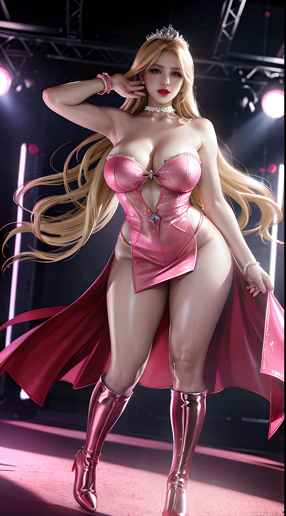 Blonde hair with tiara,Ultra realistic 8K, flawless,(Red Lip,Heavy makeup), Big breasts:1.0,Earring、walking on the stage runway、Nikon Z 85mm, ((Best Quality)) ,((masterpiece)), intricate detailes,Photorealistic、Extremely delicate and beautiful, ((Pink Sexy dress)):1.0、（strapless red Long boots with high pin heel）:1.2、Full body shot:1.2、Sexy smile