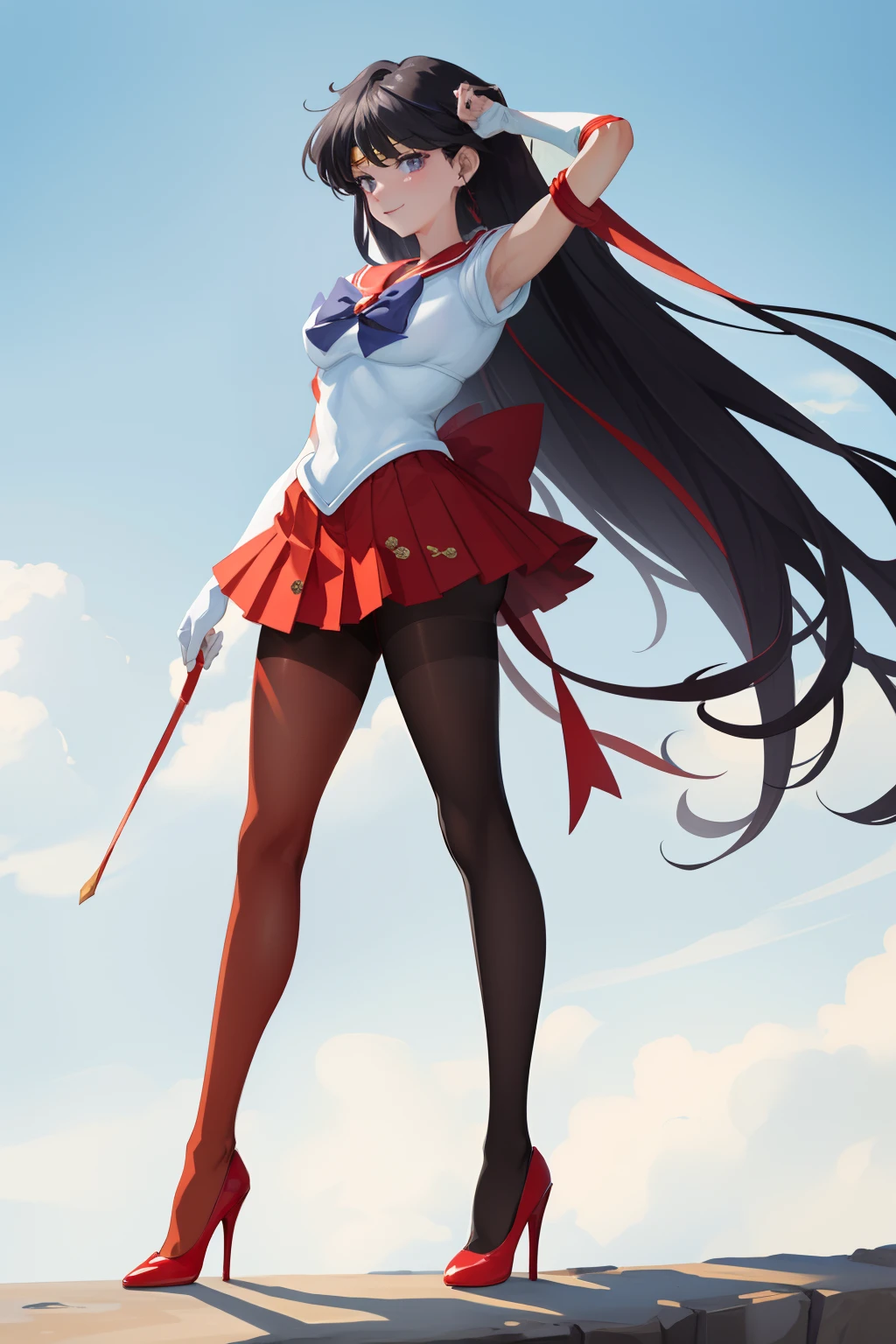 ​masterpiece, top-quality, absurderes, perfect anatomia, 1girl in, 独奏, SMmars, Very long hair, partedbangs, Sailor Senshi Uniform, Red sailor collar, a red skirt, elbowgloves, is standing, cowboy  shot, A smile、((pantyhose))、(high-heels)、drawing knee up