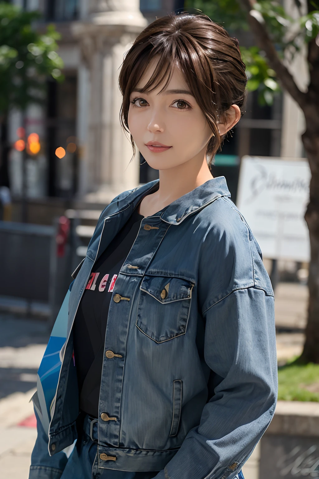 (masuter piece:1.3)、(8K、Photorealsitic、Raw photography、top-quality: 1.4)、(1girl in)、beautiful countenance、(Lifelike face)、(lightbrown hair、a pixie cut:1.3)、Beautiful hairstyle、realisticeyes、Beautiful details、(real looking skin)、Beautiful skins、(The shirt、Denim jacket)、absurderes、enticing、超A high resolution、A hyper-realistic、high-detail、the golden ratio、、bilaterally symmetrical、grass field