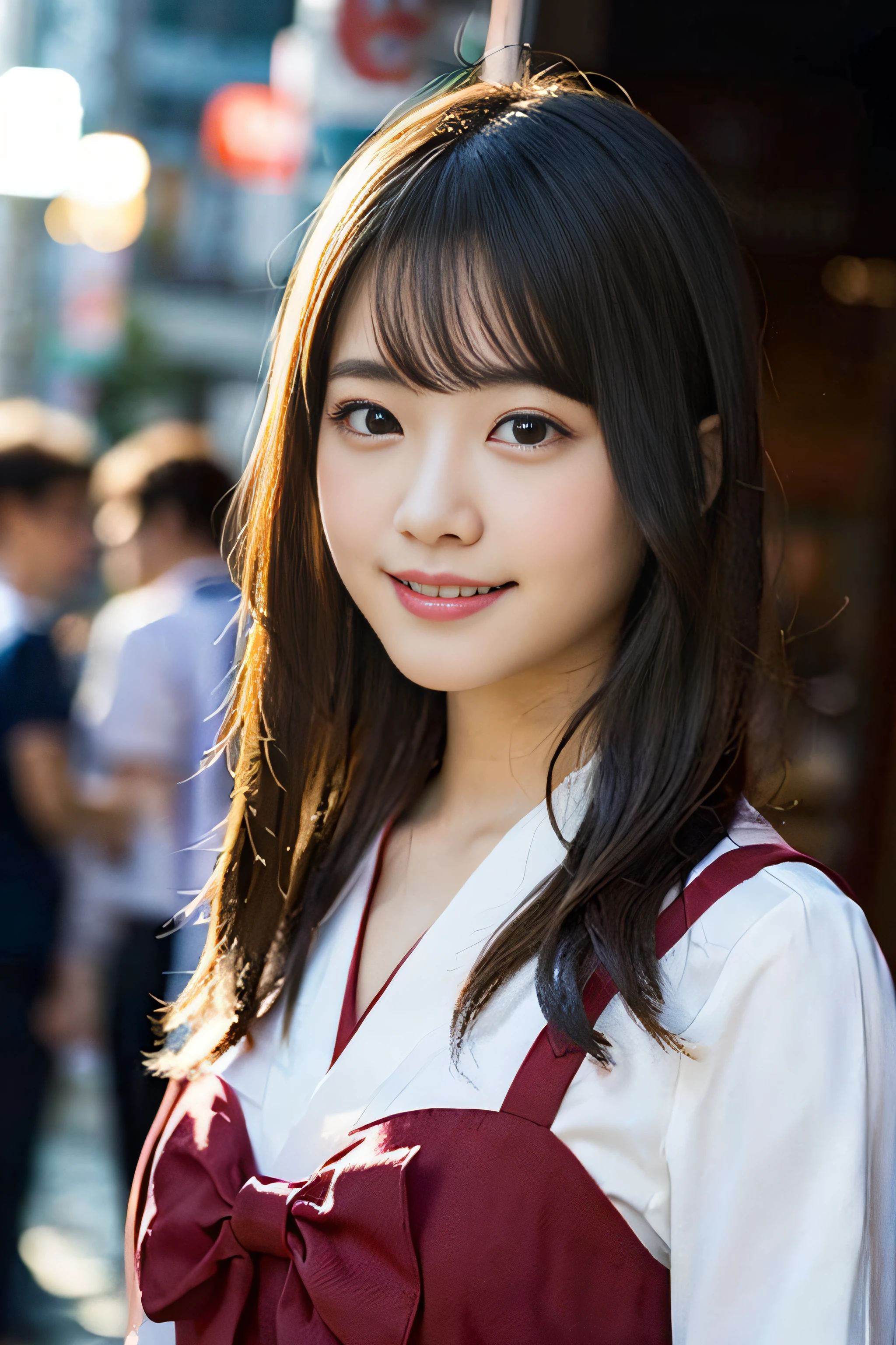 (8K、Raw photography、top-quality、​masterpiece:1.2)、(realisitic、Photorealsitic:1.37)、ultra-detailliert、超A high resolution、女の子1人、see the beholder、beautifull detailed face、A smile、Constriction、(Slim waist) :1.3)、Beautiful detailed skin、Skin Texture、Floating hair、Professional Lighting、Whole human body、Longhaire、a blond、japanese hight school uniform、a sailor suit、matriculation、、Bob Hair、E-cup、Happy smile、sixteen years old、Red ribbons、a baby face、Childish smile、Suppin