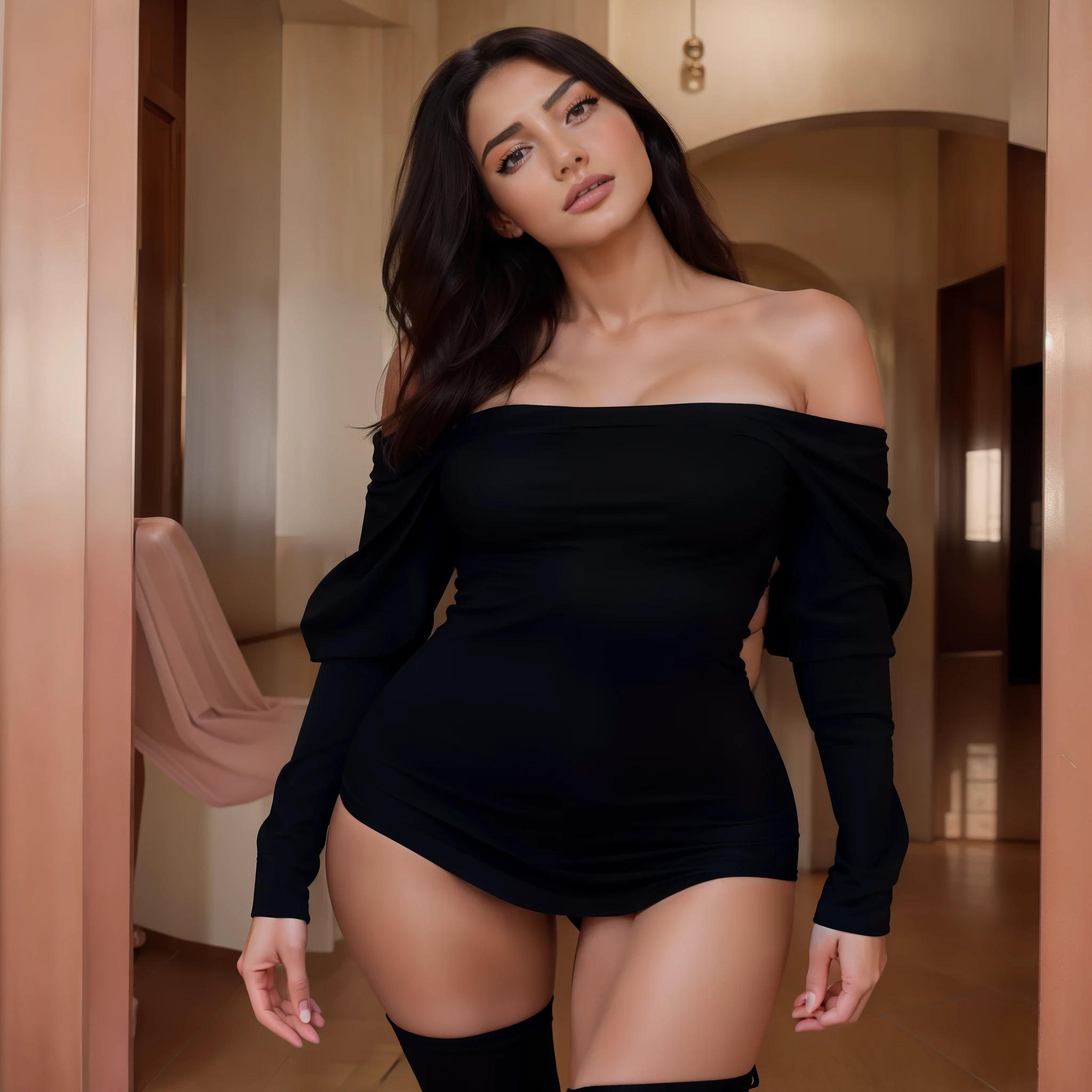 top-quality、超A high resolution、A hyper-realistic、reallistic、Raw photography、8k pictur et、Young sexy Italian woman、Wearing off-the-shoulder black tight dress、strap slip。blackk、Sensual, standing in a hall, gorgeous face
