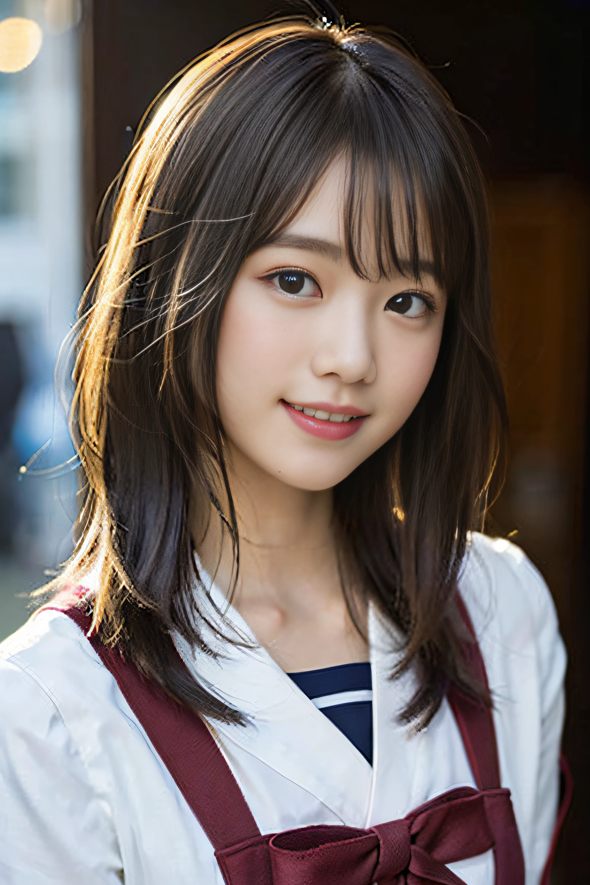 (8K、Raw photography、top-quality、​masterpiece:1.2)、(realisitic、Photorealsitic:1.37)、ultra-detailliert、超A high resolution、女の子1人、see the beholder、beautifull detailed face、A smile、Constriction、(Slim waist) :1.3)、Beautiful detailed skin、Skin Texture、Floating hair、Professional Lighting、Whole human body、Longhaire、a blond、japanese hight school uniform、a sailor suit、matriculation、、Bob Hair、E-cup、Happy smile、sixteen years old、Red ribbons、a baby face、Childish smile、Suppin