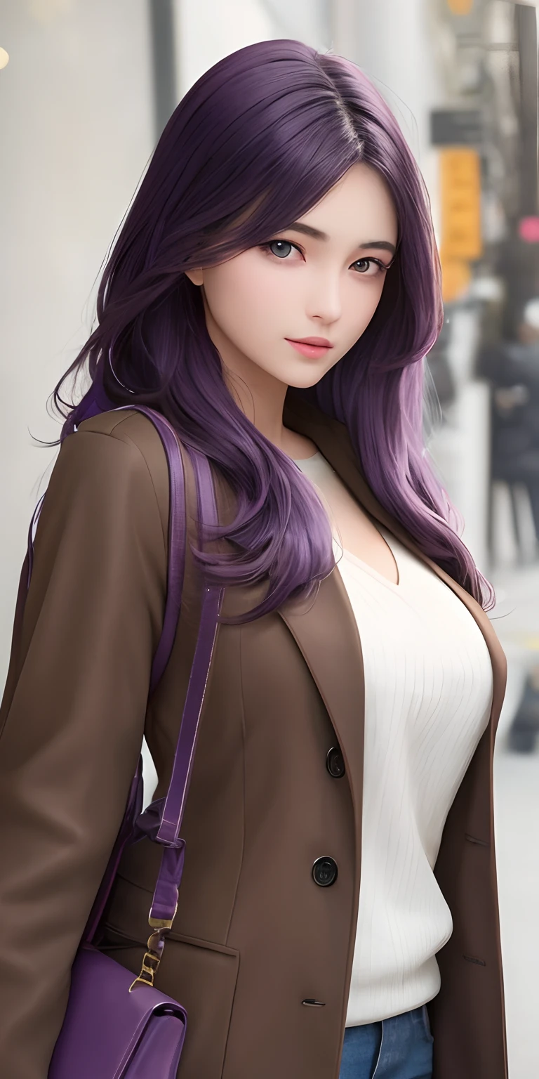 1girl, (brown coat),purple hair,long hair,purple eyes,handbag, market, detailed face, detailed eyes, huge breasts, shiny skin, looking at the audience, (8k, RAW photo, best quality, masterpiece: 1.2), (realistic, realistic: 1.37), ultra-high resolution