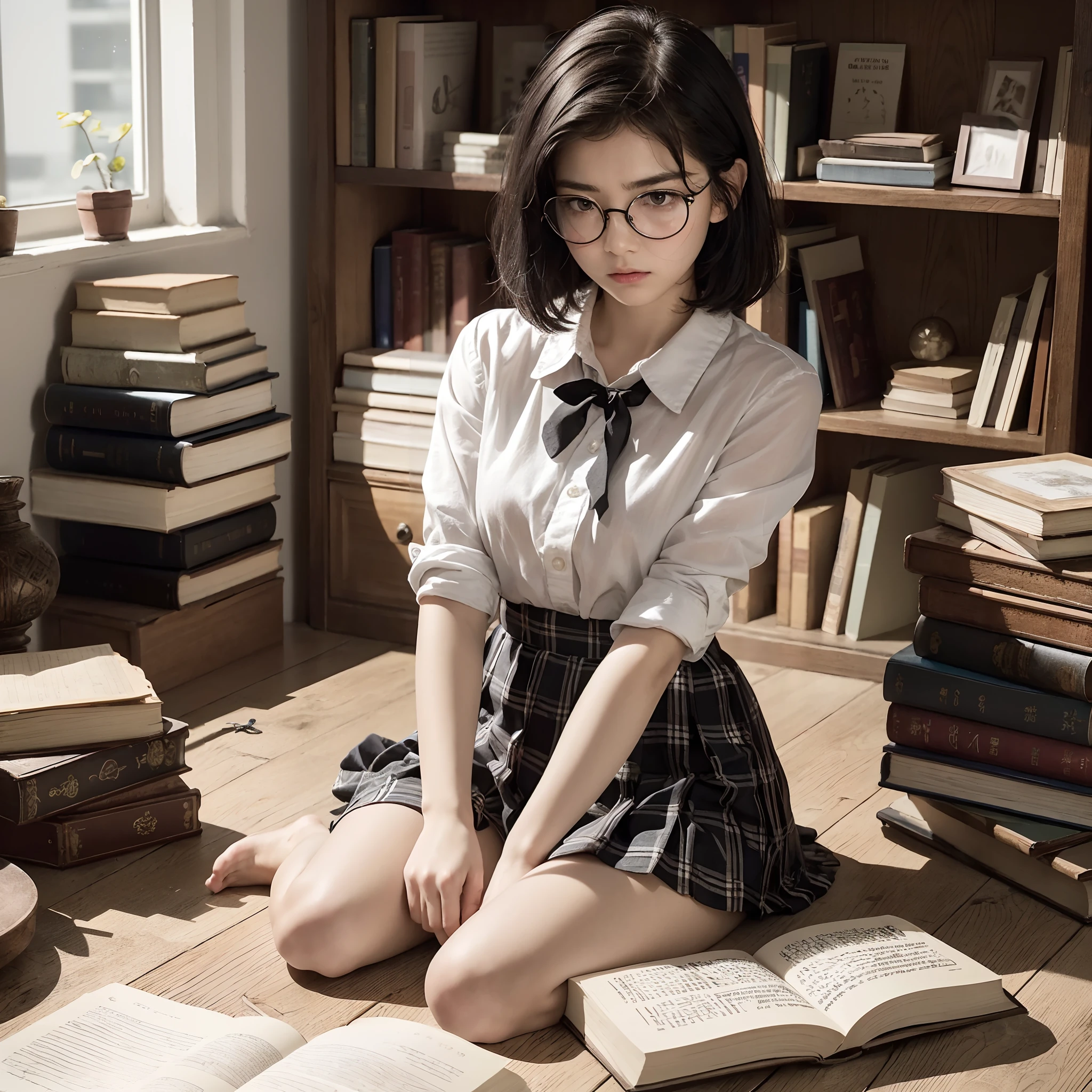 masterpiece、top-quality、High-quality images、hight resolution、in 8K、1lady、Photorealsitic、detaileds、Detailed eye depiction、skin gloss、Lustrous hair、((Black short-haired、More disheveled hair、I'm wearing round glasses、Emotional manifestation:1.3))、dim room、Narrow old room、many bookshelves、Books piled on the floor、Pile of used books、Sitting on the floor and reading a book、Shy and quiet girl、Japan girls at 16 years old、Barefoot Girl、obedient character、Not very confident、real face、care、Good posture、School uniform、Pleated skirt、plaid skirts、cinematlic lighting