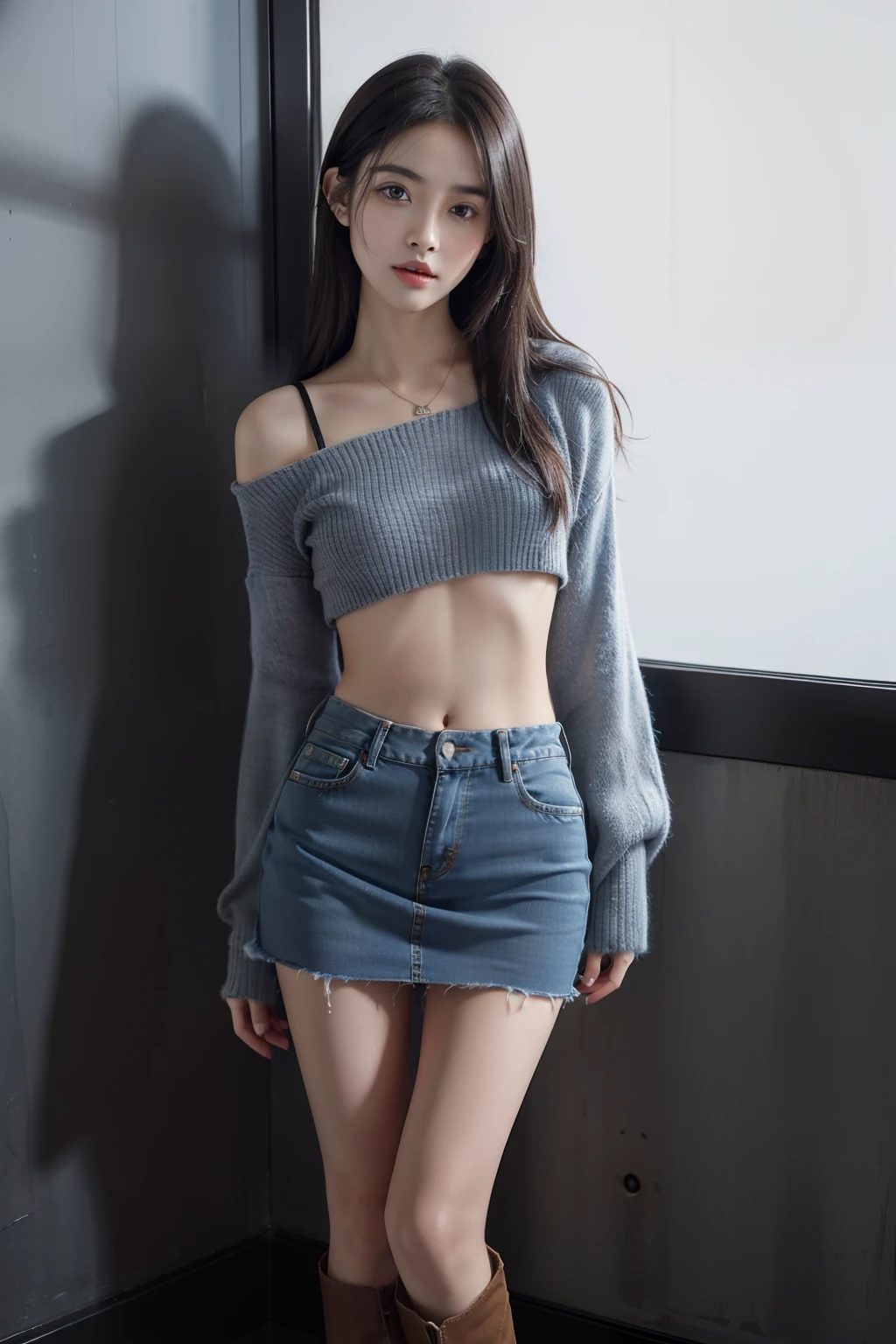 (masuter piece:1.3)、(8K、Photorealsitic、Raw photography、top-quality: 1.4)、(1girl in)、beautiful countenance、(Lifelike face)、(A dark-haired、Long)、
Beautiful hairstyle、realisticeyes、Beautiful details、（real looking skin）、Beautiful skins、absurderes、enticing、超A high resolution、A hyper-realistic、high-detail、the golden ratio、
((wide open abdomen))、((open abdomen))、((wide open navel))、((open navel))、((Mid-Riff Sweater))、((Ultra-low rise、Denim Mini Skirt))、
((Navel Ejection))、((small hips))、((long limbs))、((Full body depiction))、((small  hip))、(boots)、((Ultra-low rise))、((Denim Mini Skirt))、
((is standing))、