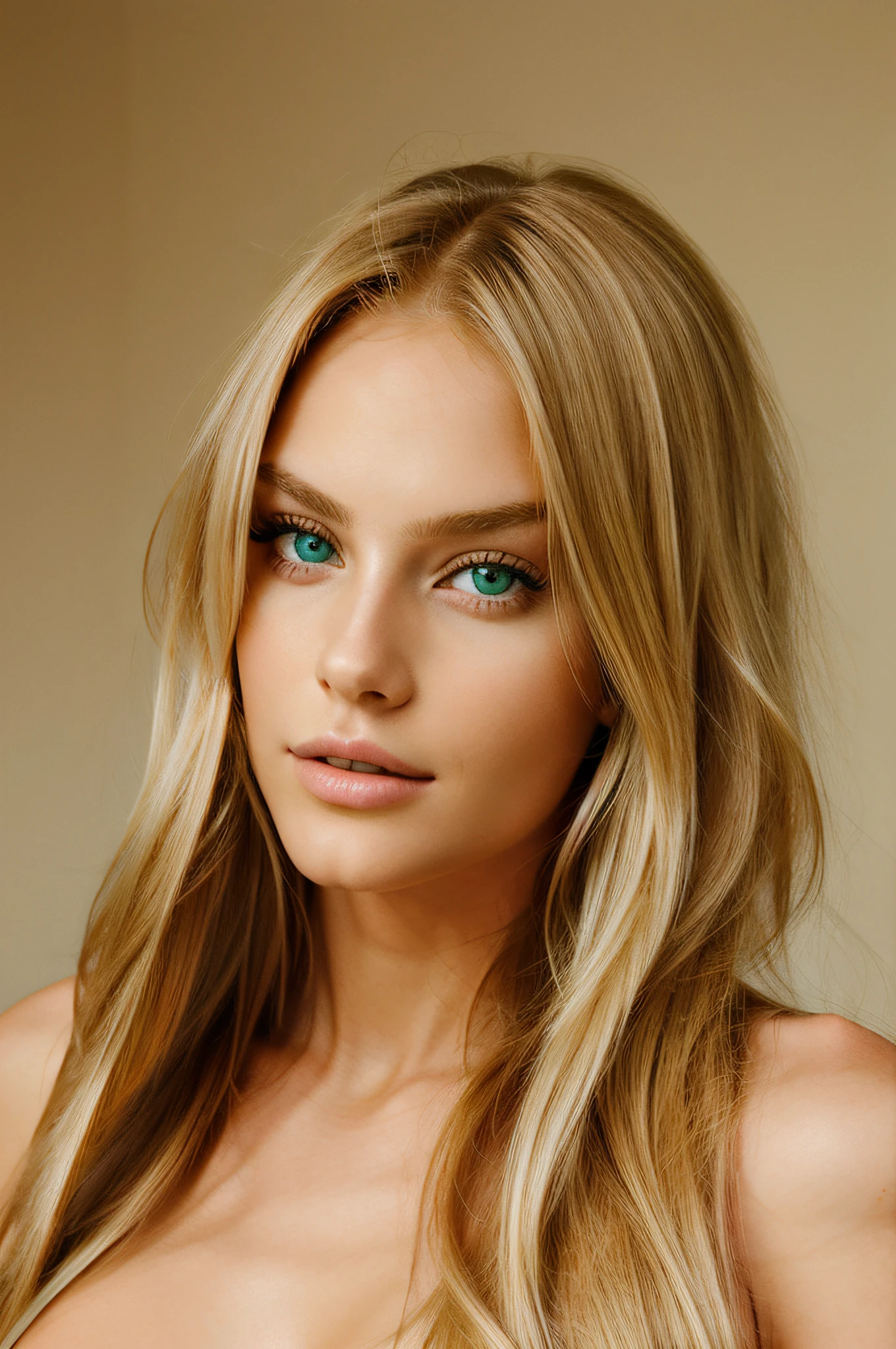 perfect blond woman model face, smooth hair, long hair, 25 years old, green eyes,
