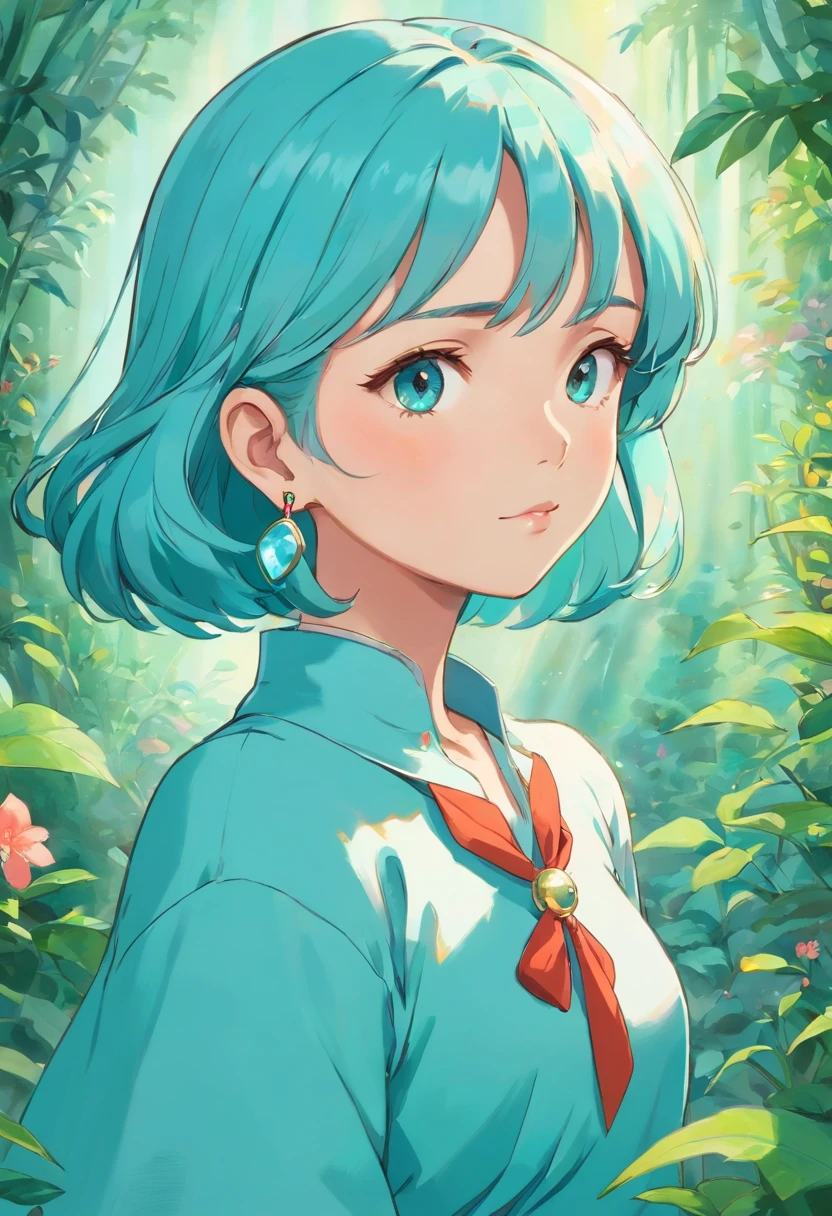 a girl wearing an anime collar, a long necklace and earrings, in the style of tranquil gardenscapes, colorful animation stills, masami teraoka, aquamarine, paul gauguin, Embry style, honest portrayal