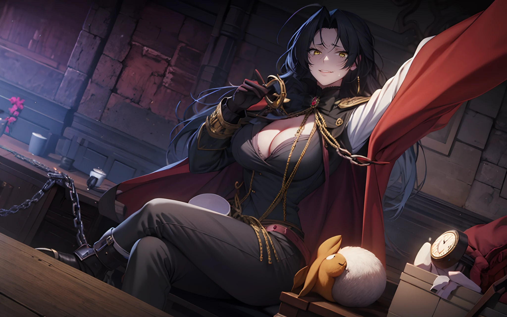 yellow eyes, forehead, chain,1girl, breasts, black_hair, belt, gloves, solo, cuffs, cup, handcuffs, large_breasts, sitting, shackles, cleavage, long_hair, looking_at_viewer, boots, black_gloves, chained, broken_chain, holding, bangs, pants, indoors, black_belt, jewelry, earrings, aiguillette, pocket_watch, eyebrows_visible_through_hair, cape, weapon, wine_glass, long_sleeves, uniform, crossed_legs,