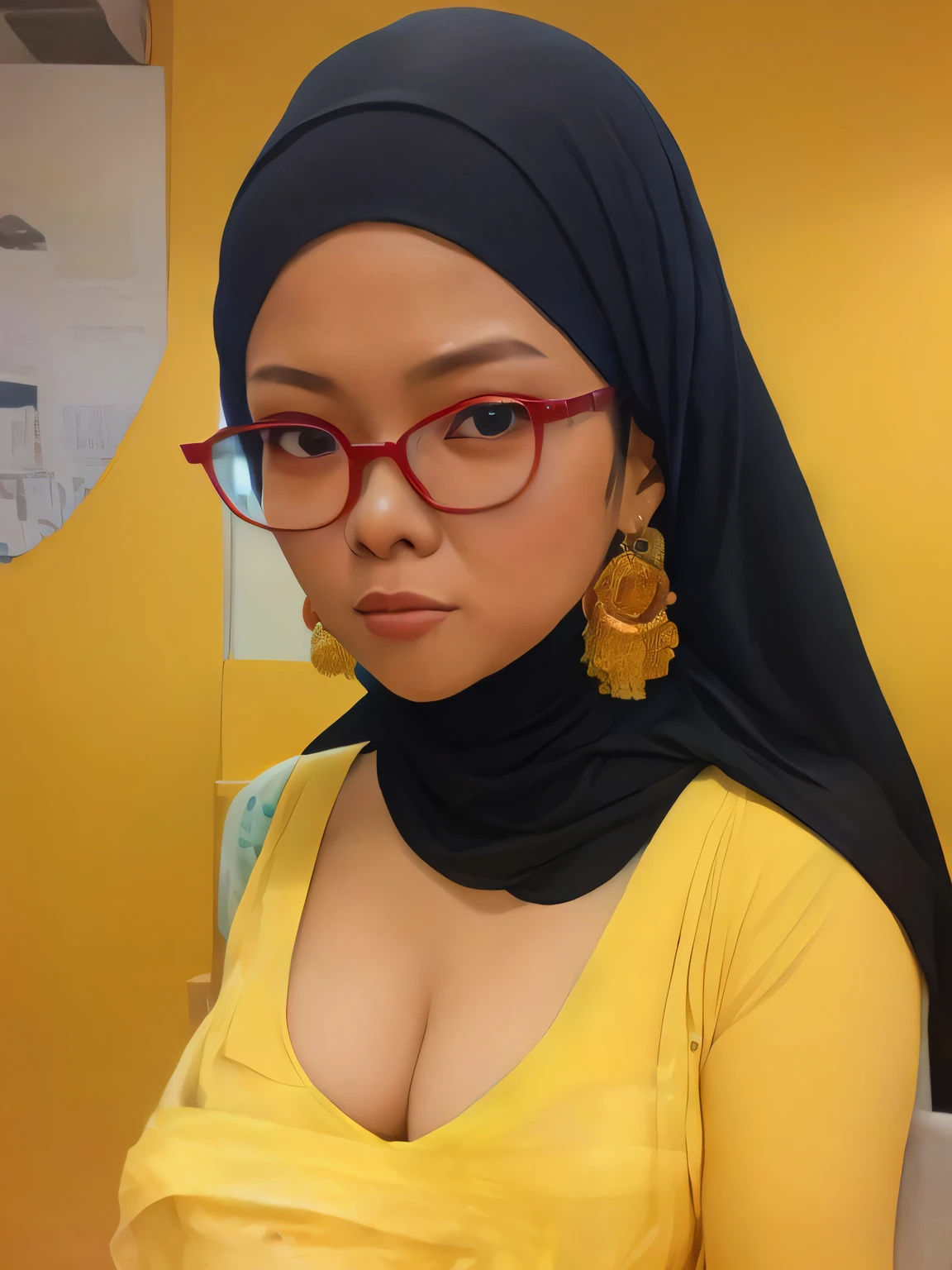 Malay woman in a red bra and panties in front of a yellow background, glasses, headshot profile picture, hijab,full portrait, on a yellow canva, portrait, portrait shot, photo of young malay woman, photo of a woman, potrait, full shot portrait, in yellow background