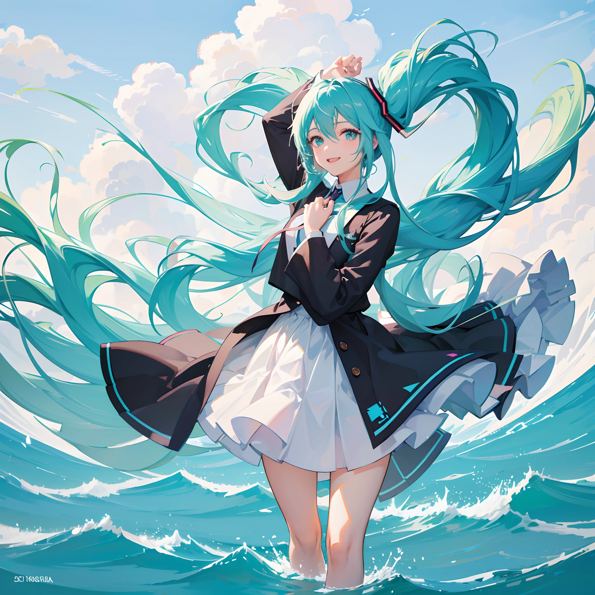 Hatsune Miku , 1 girl , Colegiala , beautiful  girl, vocaloid, 16 yeainando entre cerezos , Clothes and hair moving in the wind  , proporciones corporales correctas , hermosa sonrisa , calidad de imagen ultra 8k , obra maestra , detalles perfectos , viendo hacia el espectador con sonrisa encantadora