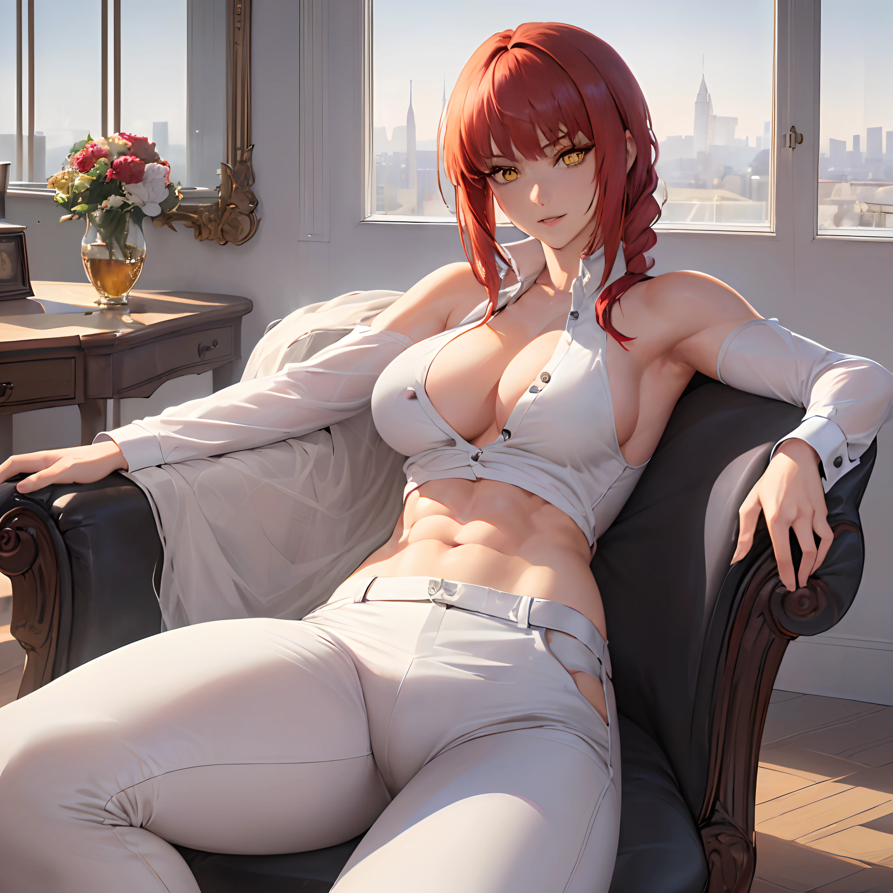 ((top quality, 8k, masterpiece: 1.3, ultra hd, high quality, best quality, high definition, realism)), sharp focus: 1.2, Beautiful woman with a muscular body, Red hair, Beautiful yellow eyes, sharp eyes, White formal shirt with open buttons, tight black pants, Abs, Arm muscle, Sexy and seductive pose on chair.