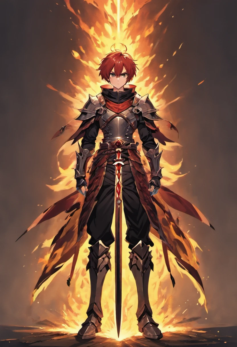 male warrior. His figure, slim, muscular, proper direction, crimson hair color, crimson eyes, light skin, sword in hand, large ragged cloth like cape wrapped around waist, chest armor, gauntlet, black long sleeve shirt under armor, chest armor, hoodie, properly drawn sword, magic sword, cloth wrapped around her waist, properly drawn sword in hand, digital illustration, extreme detail, digital art, Knight Armor, baggy puffy pants, metal boots, fully armored. cloth wrapped around his waist. Hold a sword in both hands. orange flames coming out from sword, orange flame back round, anime style