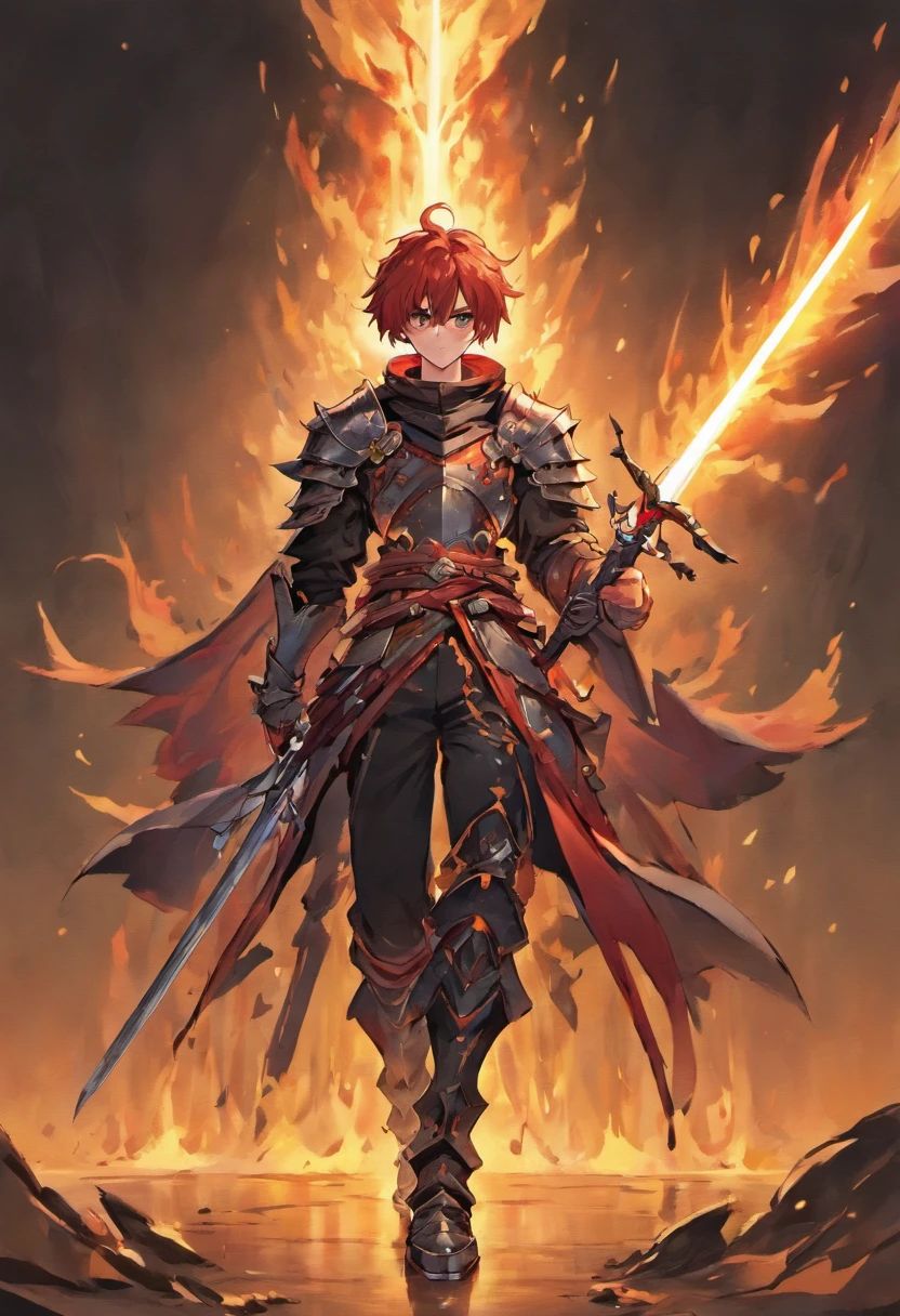 male warrior. His figure, slim, muscular, proper direction, crimson hair color, crimson eyes, light skin, sword in hand, large ragged cloth like cape wrapped around waist, chest armor, gauntlet, black long sleeve shirt under armor, chest armor, hoodie, properly drawn sword, magic sword, cloth wrapped around her waist, properly drawn sword in hand, digital illustration, extreme detail, digital art, Knight Armor, baggy puffy pants, metal boots, fully armored. cloth wrapped around his waist. Hold a sword in both hands. orange flames coming out from sword, orange flame back round, anime style