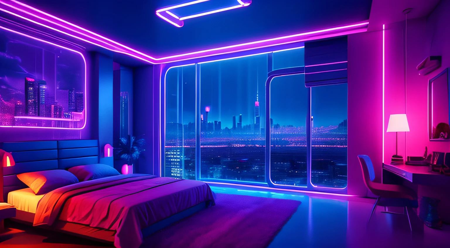 ((masterpiece)), (ultra-detailed), (intricate details), (high resolution CGI artwork 8k), Create an image of a small retro-futuristic and realistic vaporwave cyberpunk (bedroom) at night time. One of the walls should feature a big window with a busy, colorful, and detailed (cyberpunk), synthwave, neon cityscape. The city should have a futuristic style with lots of colors, neon lights, signs, and differently-sized buildings. The cityscape should be extremely detailed with depth of field. The city should have a lot of visual interest with many small details. Utilize atmospheric and ambient lighting to create depth and evoke the feel of a busy futuristic city outside the window. Pay close attention to details like intricate, hires eyes and 90s bedroom accents. Camera: wide shot showing the bed or desk and the window. The window should be the focal point of the image. Lighting: use atmospheric and volumetric lighting to enhance the cityscape details. The room should be illuminated by the neon lights from the cityscape.