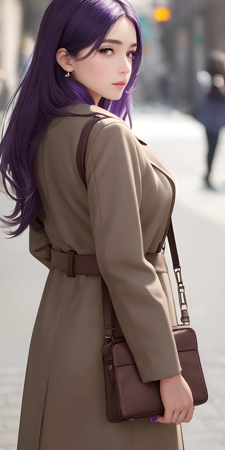 1girl, (brown coat,closed coat),purple hair,long hair,purple eyes,earring,handbag, market, detailed face, detailed eyes, huge breasts, shiny skin, looking at the audience, (8k, RAW photo, best quality, masterpiece: 1.2), (realistic, realistic: 1.37), ultra-high resolution