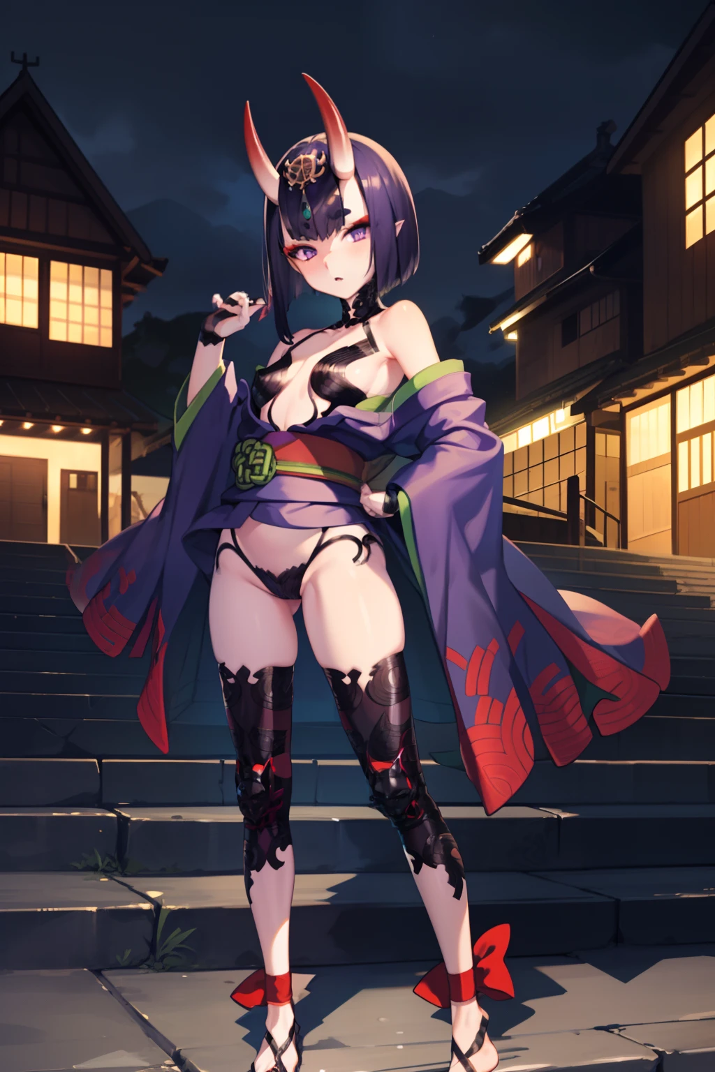 1girl, solo, standing, outdoors, night, village, stairs, contrapposto, shuten douji, revealing clothes, headpiece, ankle ribbon, barefoot sandals, bridal gauntlets, purple kimono, obi, knee pads, off shoulder