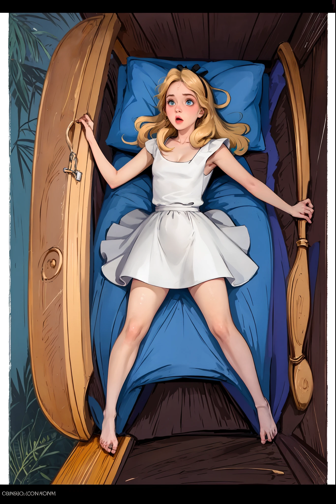 masterpiece, 1girl, solo, a sexy Alice in Wonderland with blonde hair, powder blue dress with white apron, white stockings, cleavage, dynamic, ultra high def, 32k, (perfect anatomy:1.5), perfect legs, in the style of Artgerm and Adam Hughes, bed, matingpress, 1boy, , sex, spread legs, lying, on back, missonary pov  (anally penetrated:1.1), ahegao, (holding breath:1.5)