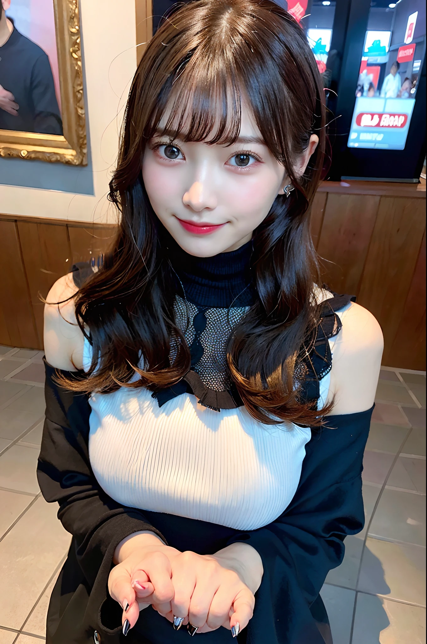 (top-quality、8K、32K、masuter piece、nffsw:1.2)、、profile、(slim figure:1.2)、(s lips) 、 age、off-shoulder knit、Colossal tits、二重まぶた、shinny skin、Realistic rays、mare、beauitful face、(A smile:1.3)、crouching down、(From above:1.2)、(a closeup:1.4)、blurry backround、(Front Focus)、(Dark: 1.6)、Fantasy Art、photoRealstic、Professional Lighting、extra detailed face、Award-winning、deep-shadows、