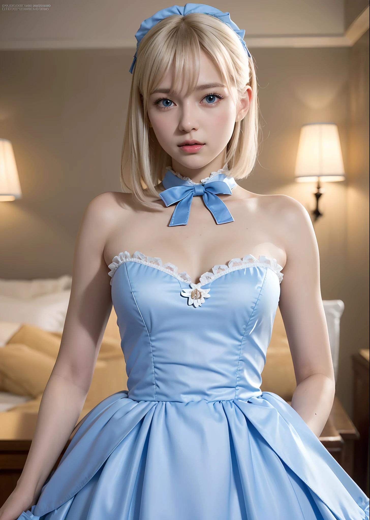 1 girl, Princess Zelda, blonde hair, short hair, blue eyes, soft, soft light, delicate, frills, vagina, dripping wet cum, (small breasts, exposed breasts, nipples), frilly, thighhighs, filigree, choker, ruffles, blue and white, bed, (flirty, soft smile, gentle smile, raised legs), dress, laying on bed, messy hair, excited