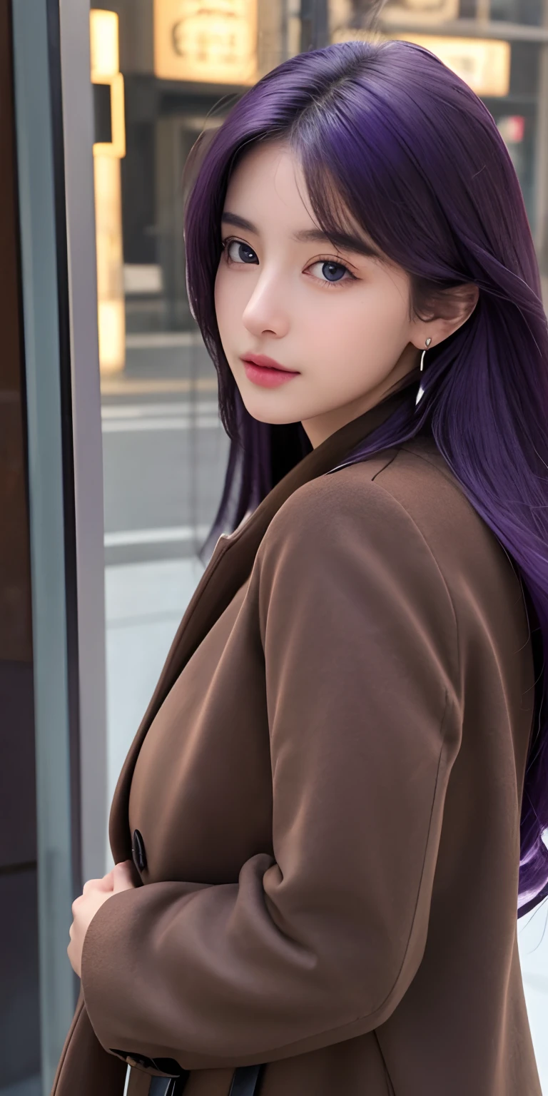 1girl, (brown coat,closed coat),purple hair,long hair,purple eyes,earring, purplehandbag, market, detailed face, detailed eyes, huge breasts, shiny skin, looking at the audience, (8k, RAW photo, best quality, masterpiece: 1.2), (realistic, realistic: 1.37), ultra-high resolution
