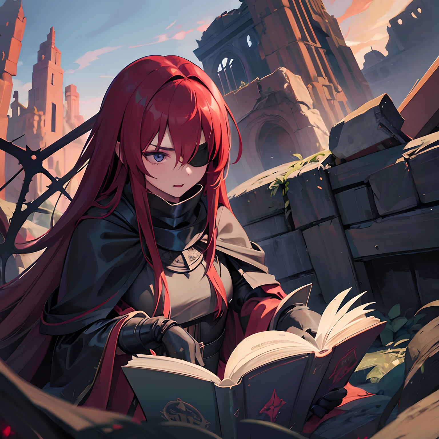 A girl with long red flowing hair, Wear a black blindfold to cover one eye, The other eye is blue, Wears black lightweight armor, Draped in a long red cloak, Fangs on the mouth, Against the background of ruins, Leaning against a tree and reading a book.