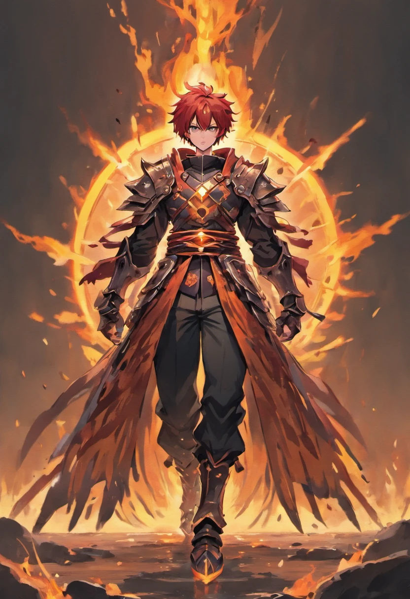 male warrior. His figure, slim, muscular, proper direction, crimson hair color, crimson eyes, light skin, sword in hand, large ragged cloth like cape wrapped around waist, chest armor, gauntlet, black long sleeve shirt under armor, chest armor, hoodie, properly drawn sword, magic sword, cloth wrapped around her waist, properly drawn sword in hand, digital illustration, extreme detail, digital art, samurai Armor, baggy puffy pants, metal boots, fully armored. cloth wrapped around his waist. Hold a sword in both hands. orange flames coming out from sword, orange flame back round, anime style
