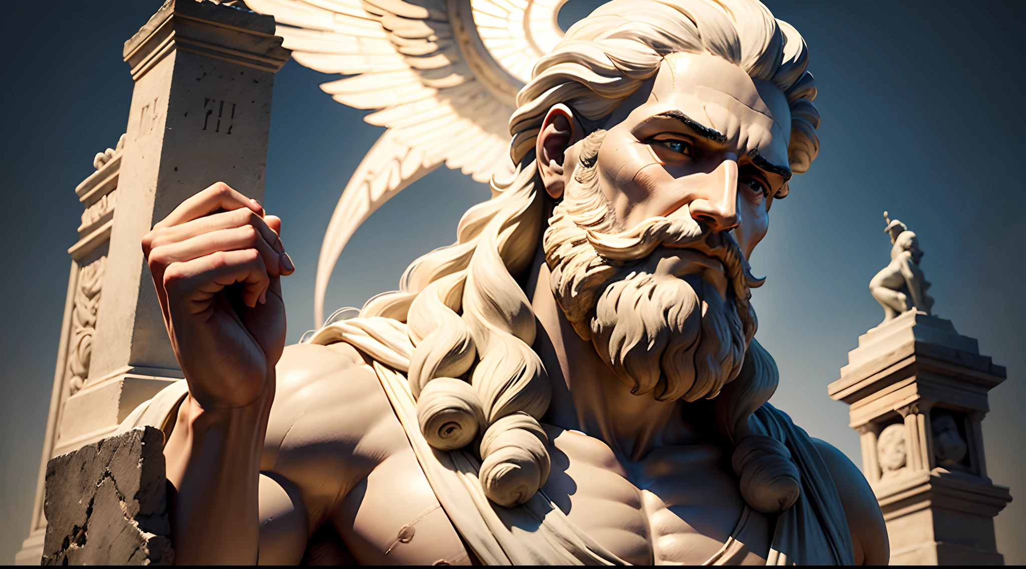 Un primer plano de una estatua de un hombre con barba, Retrato de Zeus, Tiempo del Padre, Dios furioso Zeus,