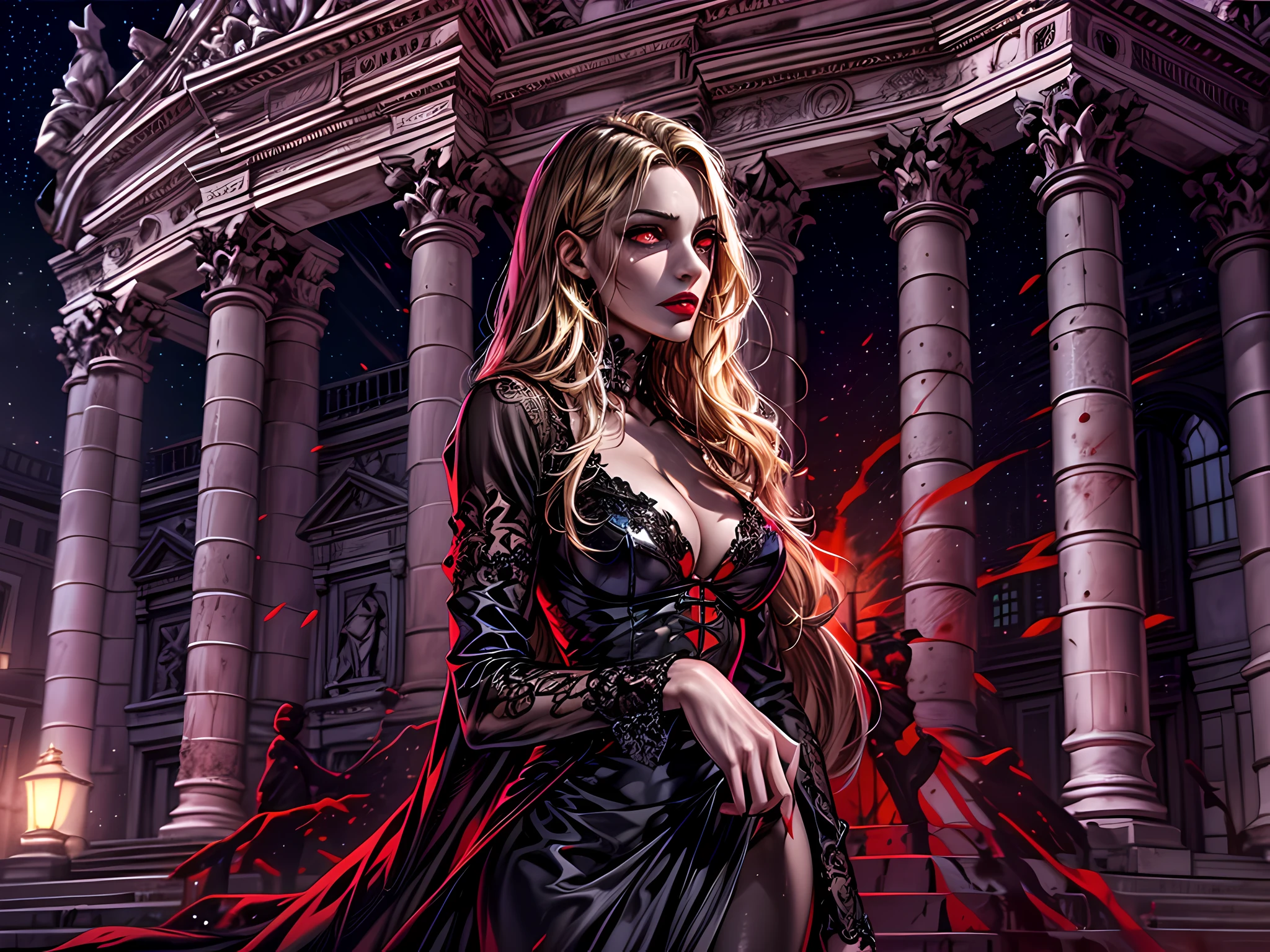 fantasy art, RPG art, photograph, RAW, (Ultra detailed: 1.5), Best Detailed, picture of a female vampire standing in St. Peter in the Vatican, an exquisute beautiful female vampire, full body, (best detailed face: 1.2), (grey skin: 1.2), red lips, (vampiric fangs1:1) (blood veins visible: 1.3), ultra feminie, blond hair, long hair, rich, flowing hair,wavy hair, red glowing eyes, wearing short dress, silk dress, intricate detaled dress, high heels, standing in St. Peter square in Vatican city, at night, full moon, stars in the sky, St. Peter square background, best quality, (extremely detailed), ultra wide shot, photorealism, depth of field, hyper realistic, 2.5 rendering,