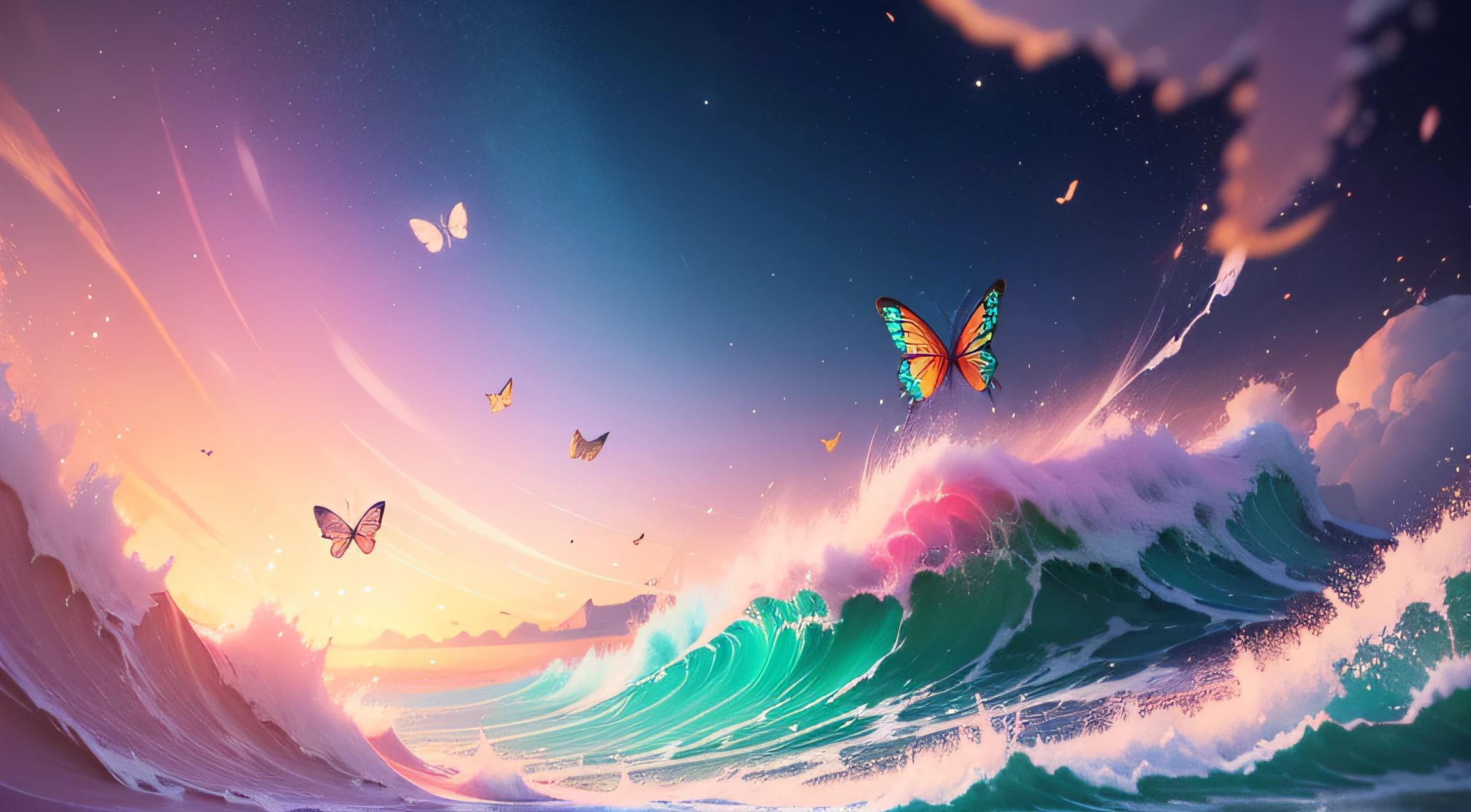Name "Majito Mathi Juli" written in the background, little colorful splashes of 3D painting and with two colorful butterflies, including pink ANGEL Disney imagen, photo, vibrant, typography