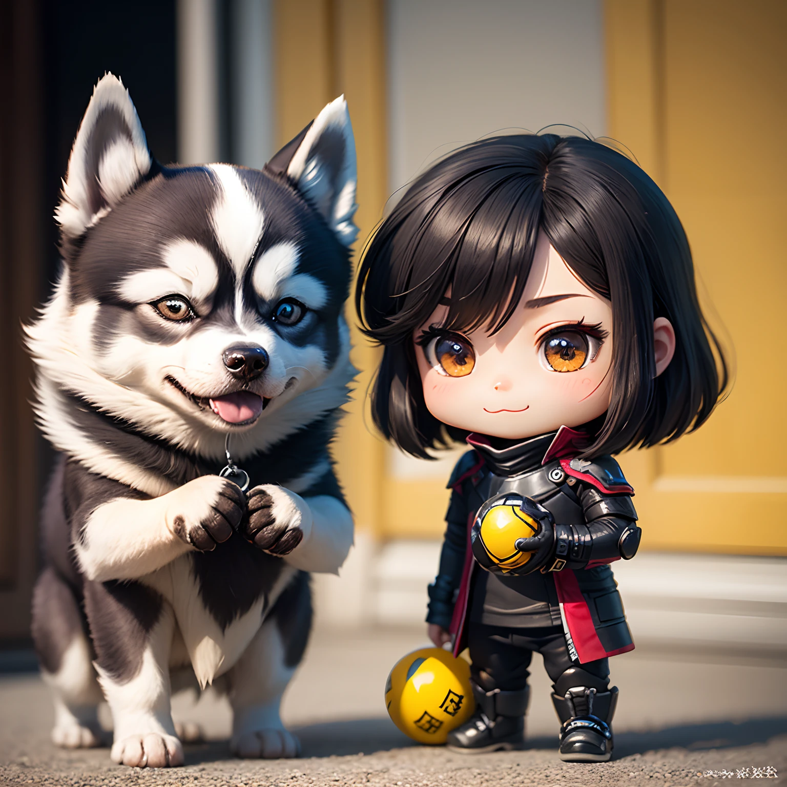 masterpiece、top-quality、ultra-detailliert、(Chibi Siberian Husky:1.2)、Gray and black wraith、、In his hand he holds a yellow ball of sticks。Smile、Standing、