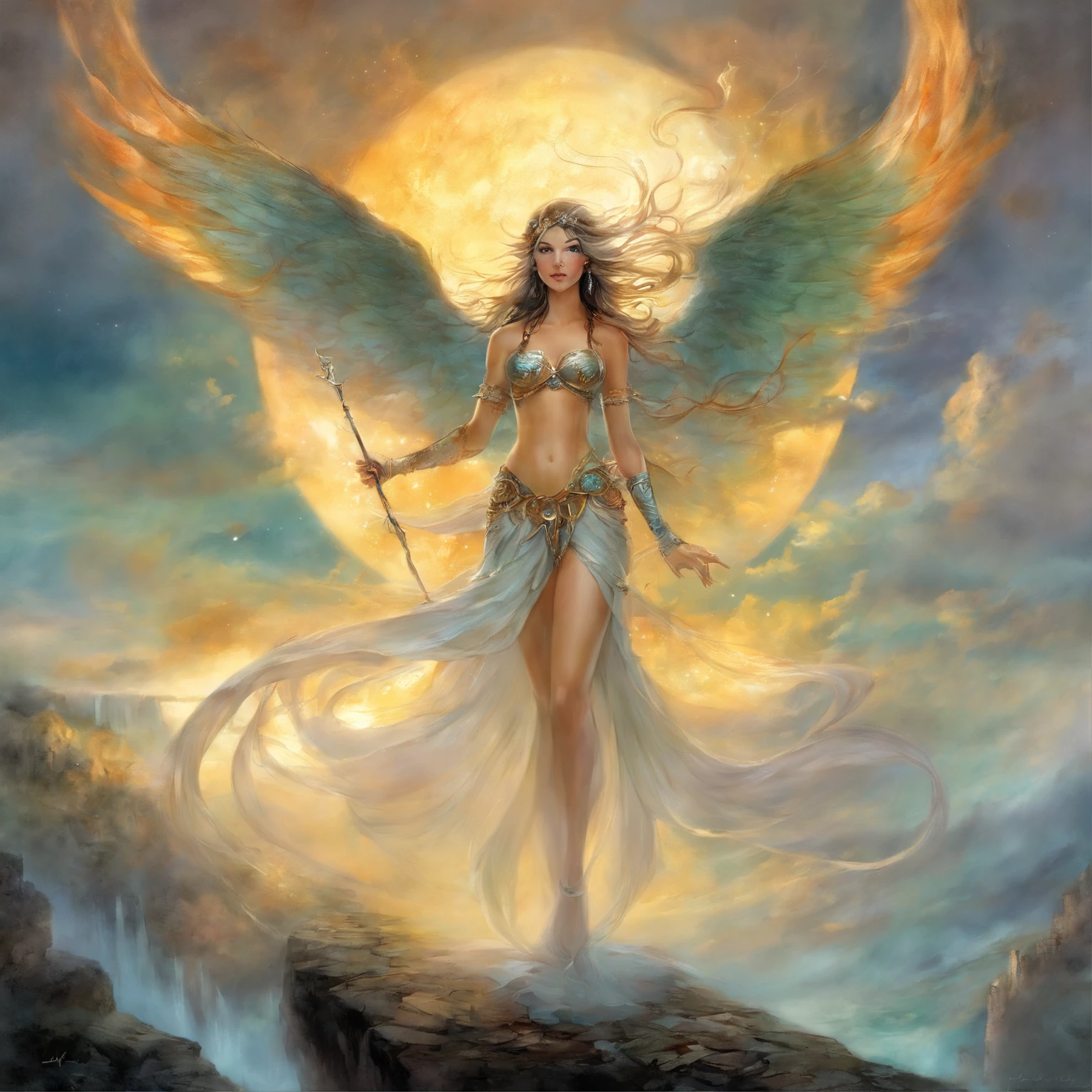 ((melhor qualidade)), ((obra-prima)), (detalhado), ((nua)), succubus sedutora, ethereal beauty, empoleirada em uma nuvem, (Fantasy Illustration: 1.3), olhar encantador, pose cativante, asas delicadas, charme sobrenatural, mystical sky, (Luis Royo:1.2), (Yoshitaka Amano:1.1), noite de luar, cores suaves, (paisagem de nuvens detalhada:1.3), (alta resolução:1.2)