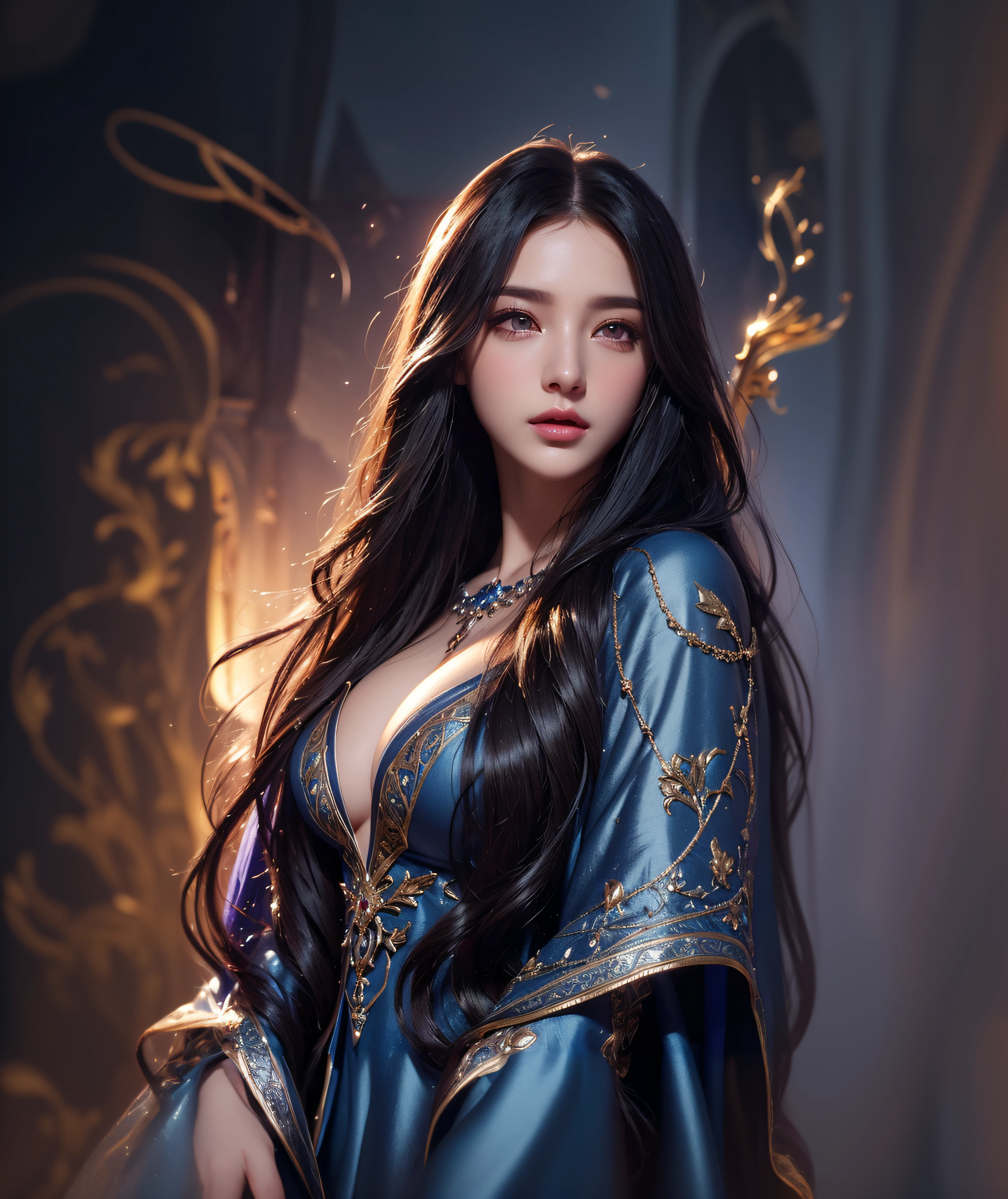 (sexy girl,Mages.,beautiful detail eyes,Beautifully detailed lips,long eyelashes,flowing dark hair),enchanting,A magical aura that shines.,Luxurious magic staff,Flowing magic cloak,Smoke effect,Mystical background,highres,ultra-detail,photorealistic portrait,vibrant colours,concept artist,gentle lighting