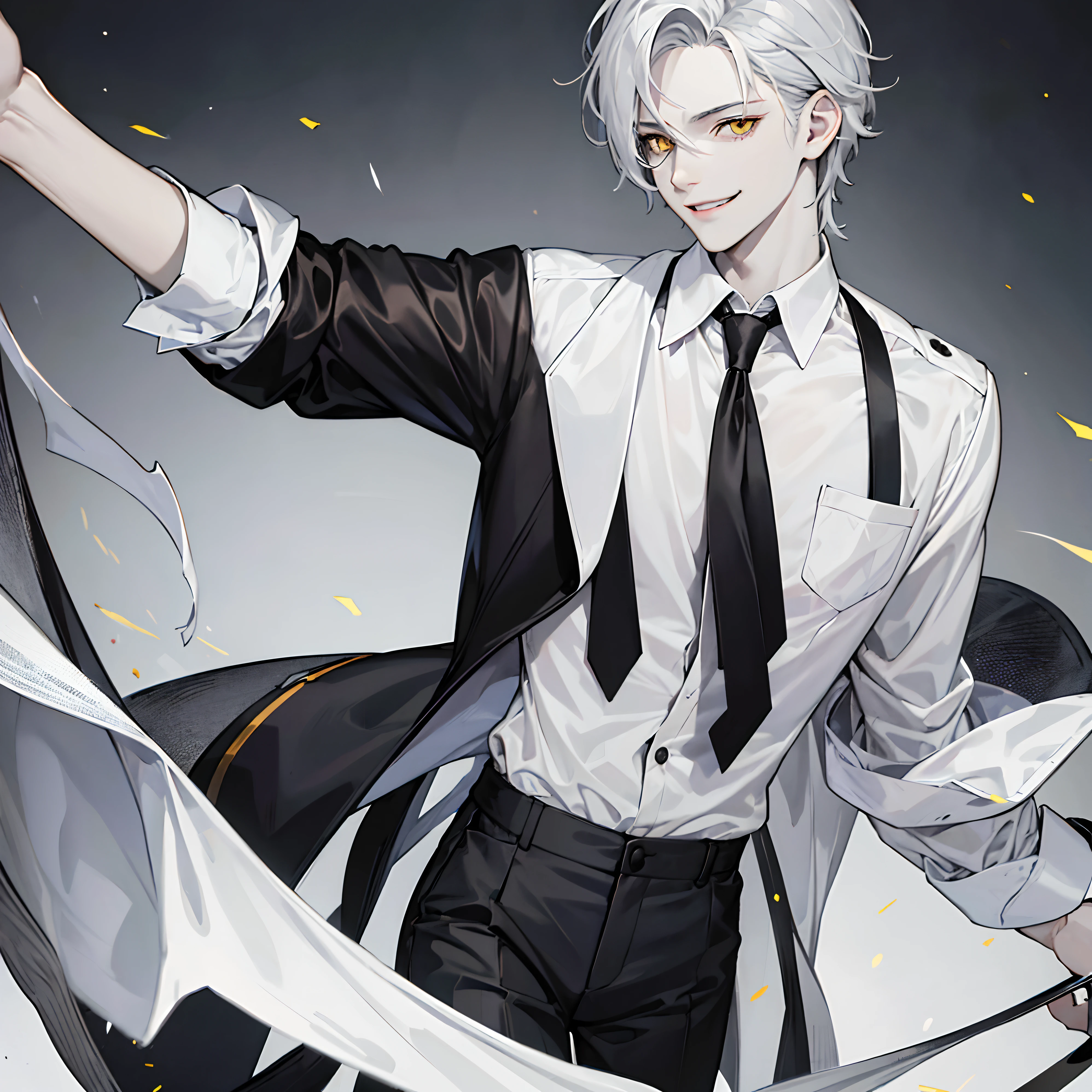 1boy, 28 years old, pale skin, Silver hair, disheveled, Yellow eyes, Black and gray colors, half-unbuttoned shirt, tie, Maniac smile